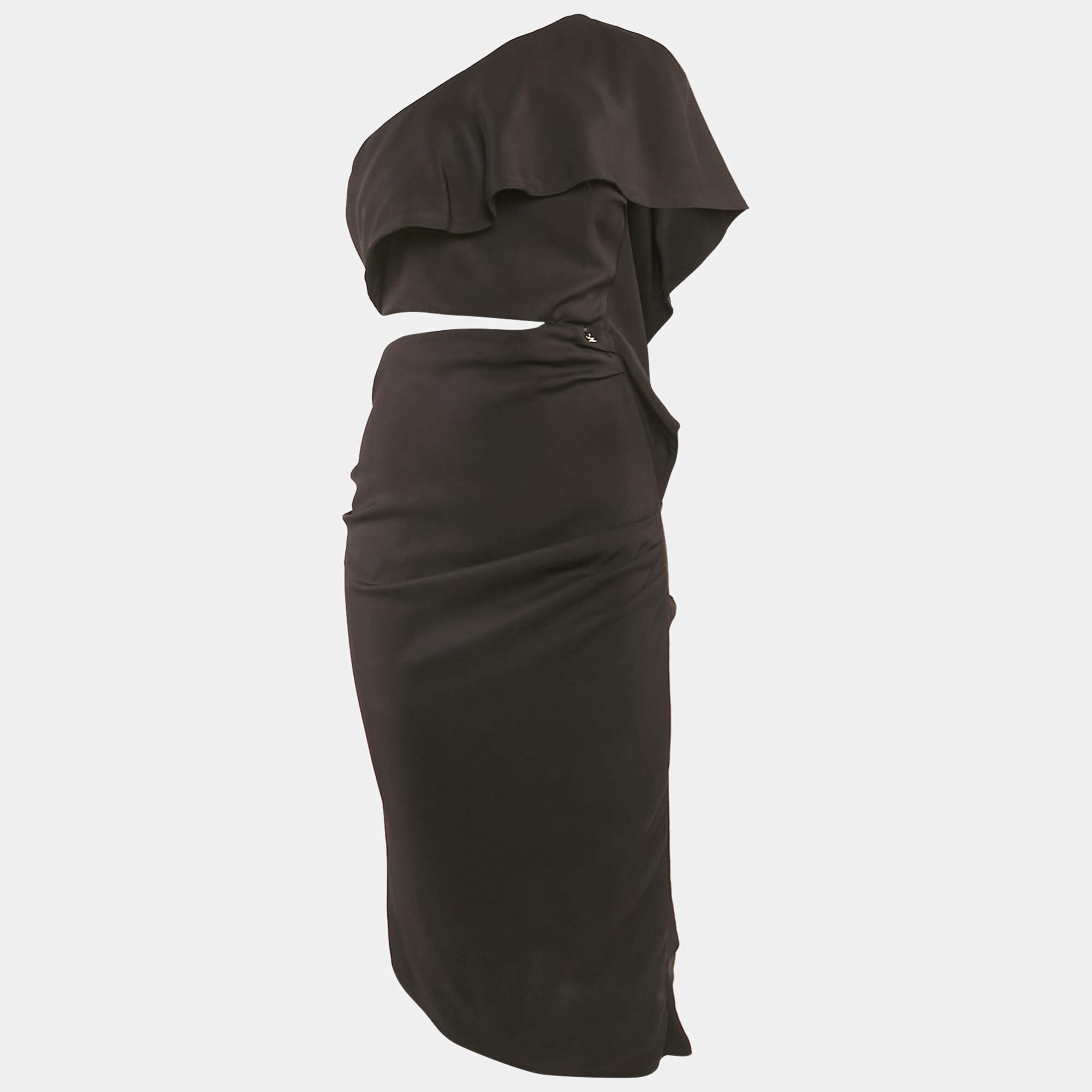 Pre Owned Elisabetta Franchi Black Crepe Cut-Out One Shoulder Midi Dress M