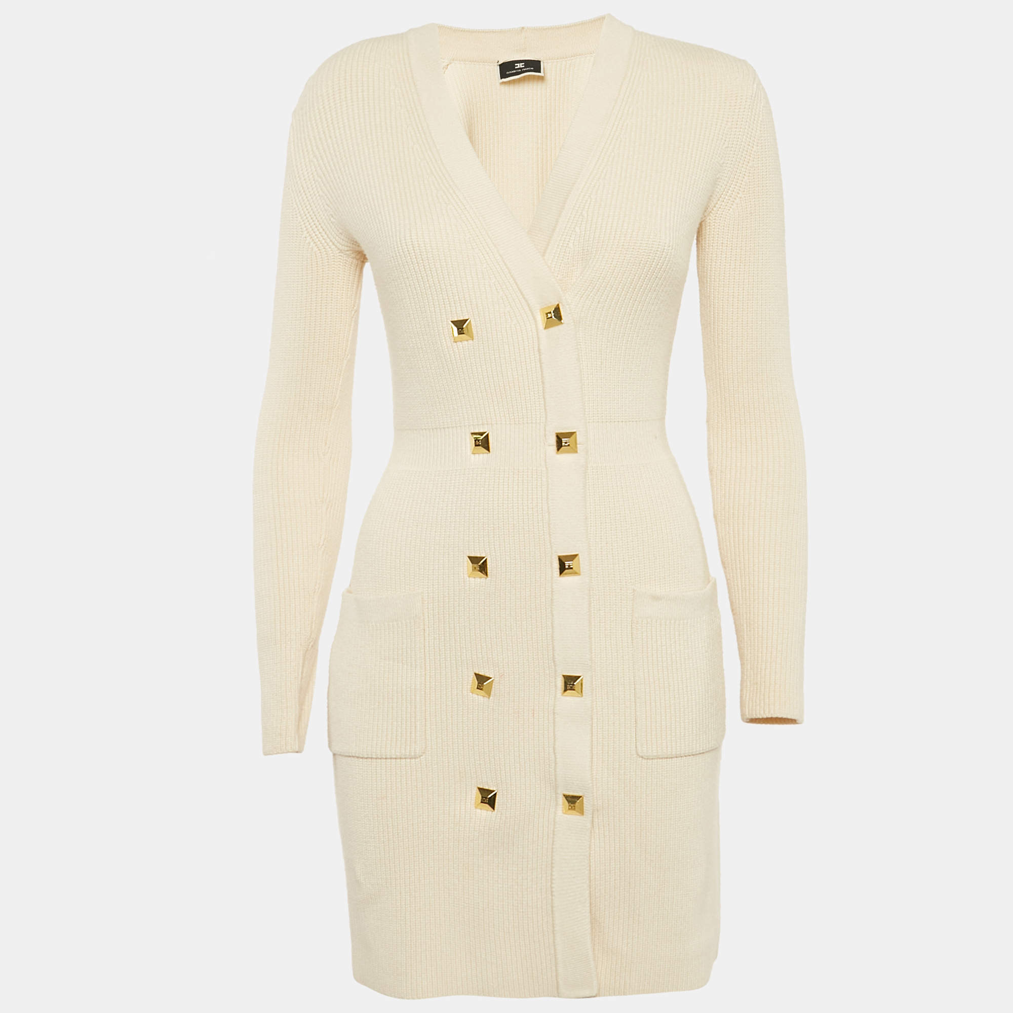 Pre Owned Elisabetta Franchi Cream Rib Knit Double Breasted Mini Dress S
