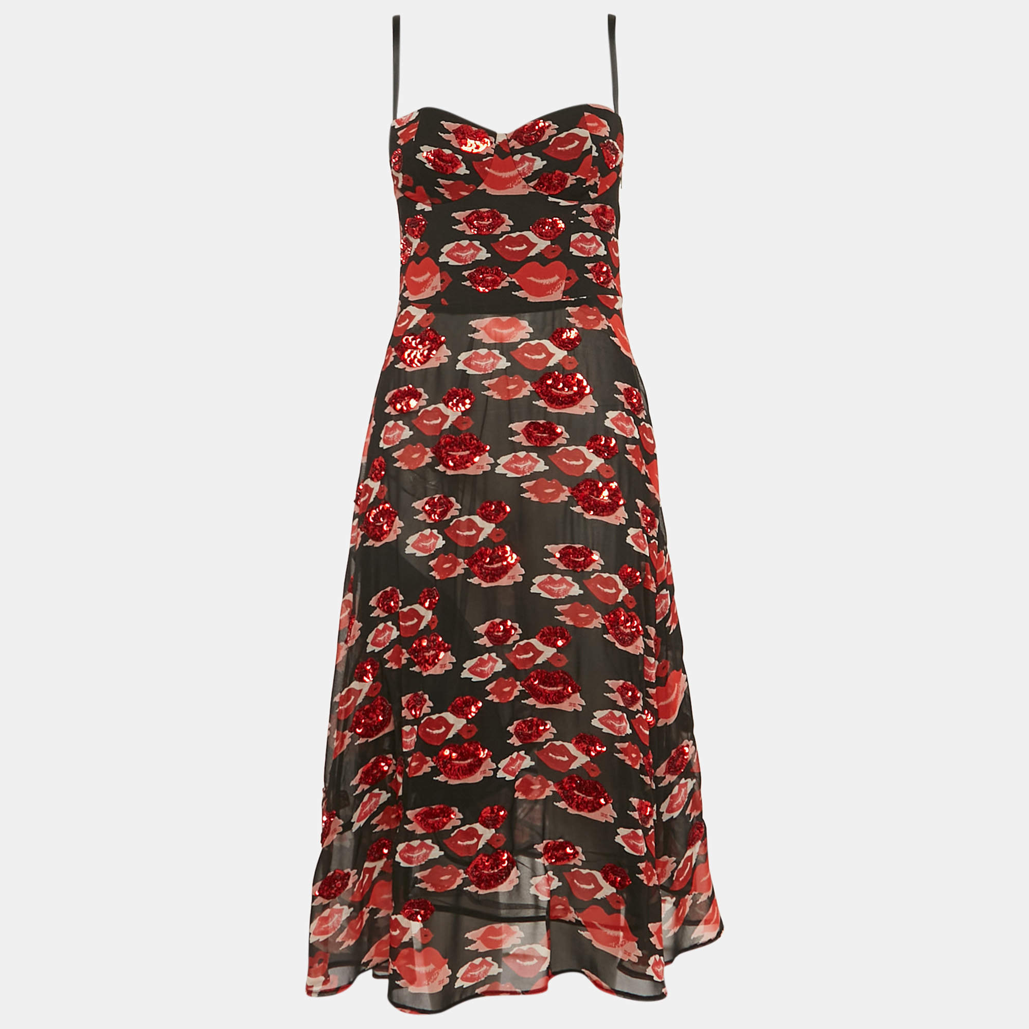 Elisabetta Franchi Black Lips Print and Sequin Chiffon Midi Dress M