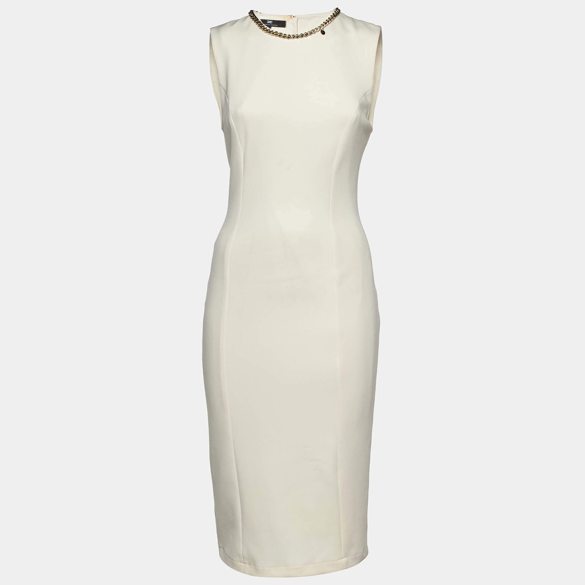 Pre Owned Elisabetta Franchi Cream Jersey Sleeveless Sheath Dress M