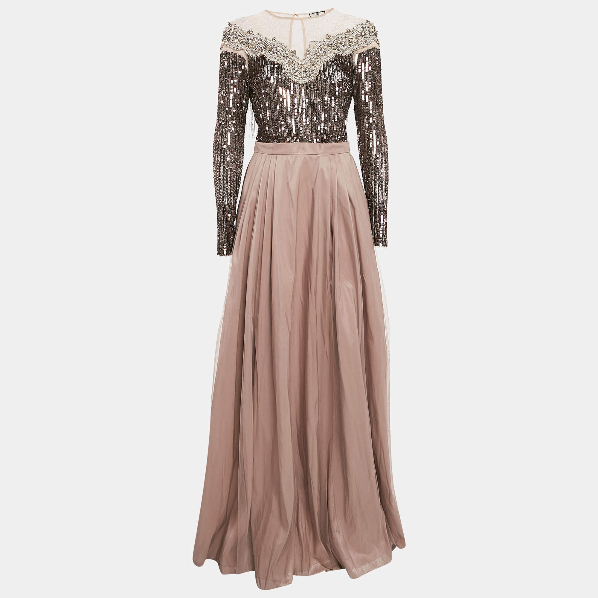 Elisabetta Franchi Mauve Sequin Embellished Tulle Flared Gown M