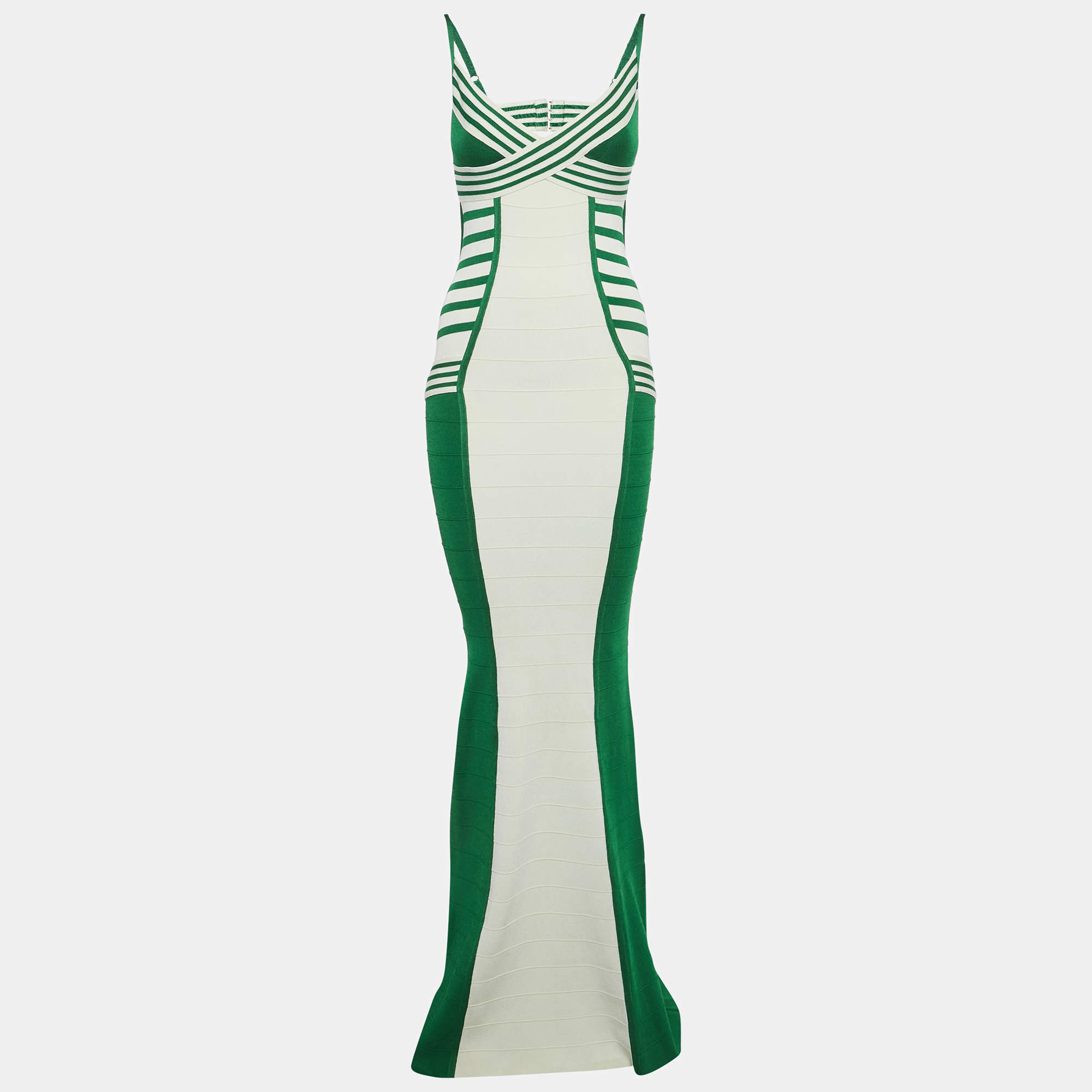 Pre Owned Elisabetta Franchi Green/White Bandage Knit Long Bodycon Dress S