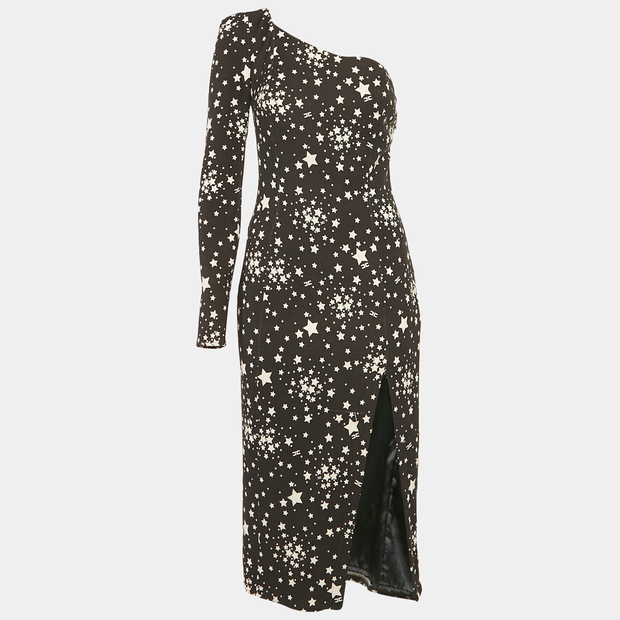 Pre Owned Elisabetta Franchi Black Starts Print Jersey One Shoulder Midi Dress M