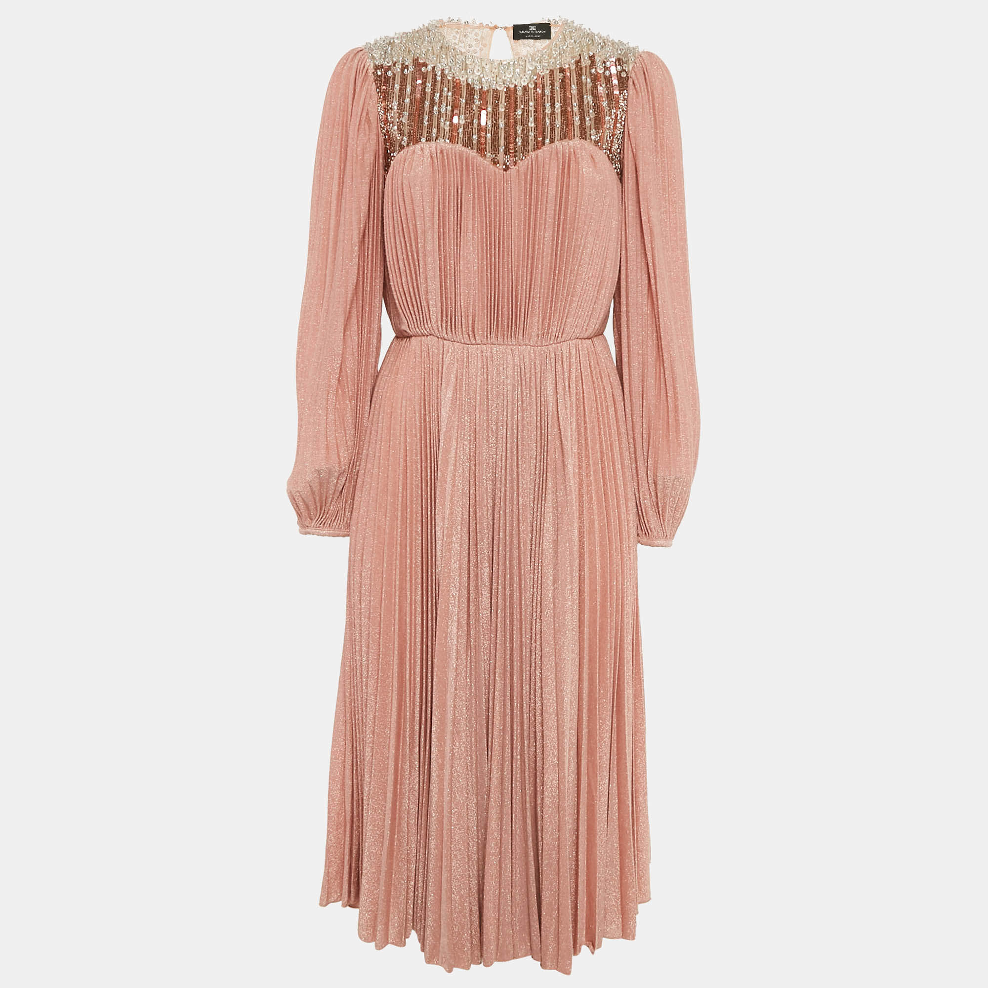 Elisabetta Franchi Pink Embellished Lurex Knit Plisse Midi Dress M