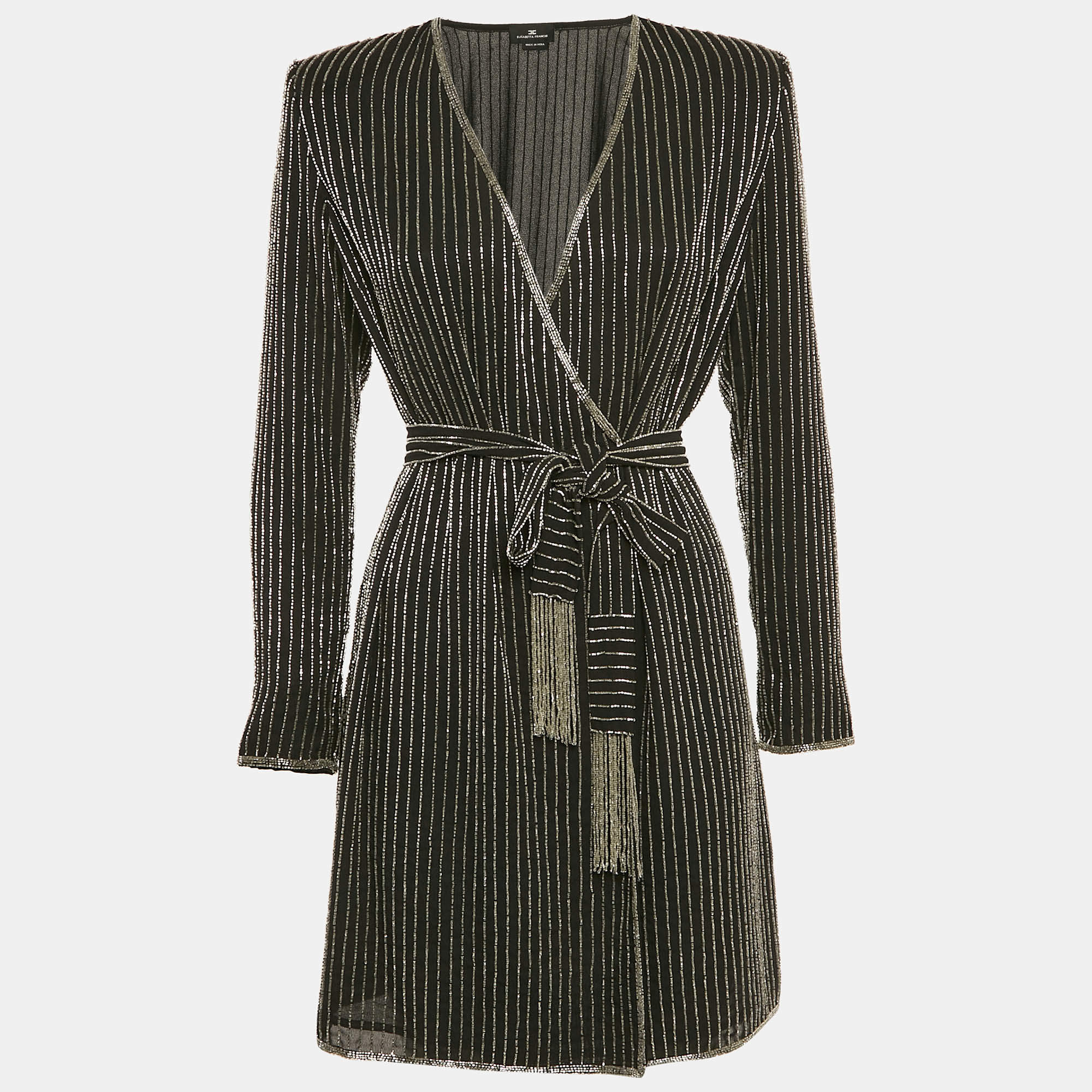 Pre Owned Elisabetta Franchi Black Embellished Crepe Mini Wrap Dress M