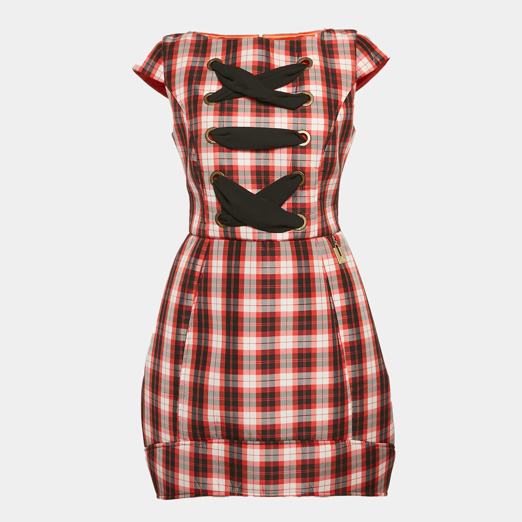 Elisabetta Franchi Red/Multicolor Plaid Print Synthetic Lace-Up Detail Mini Dress M