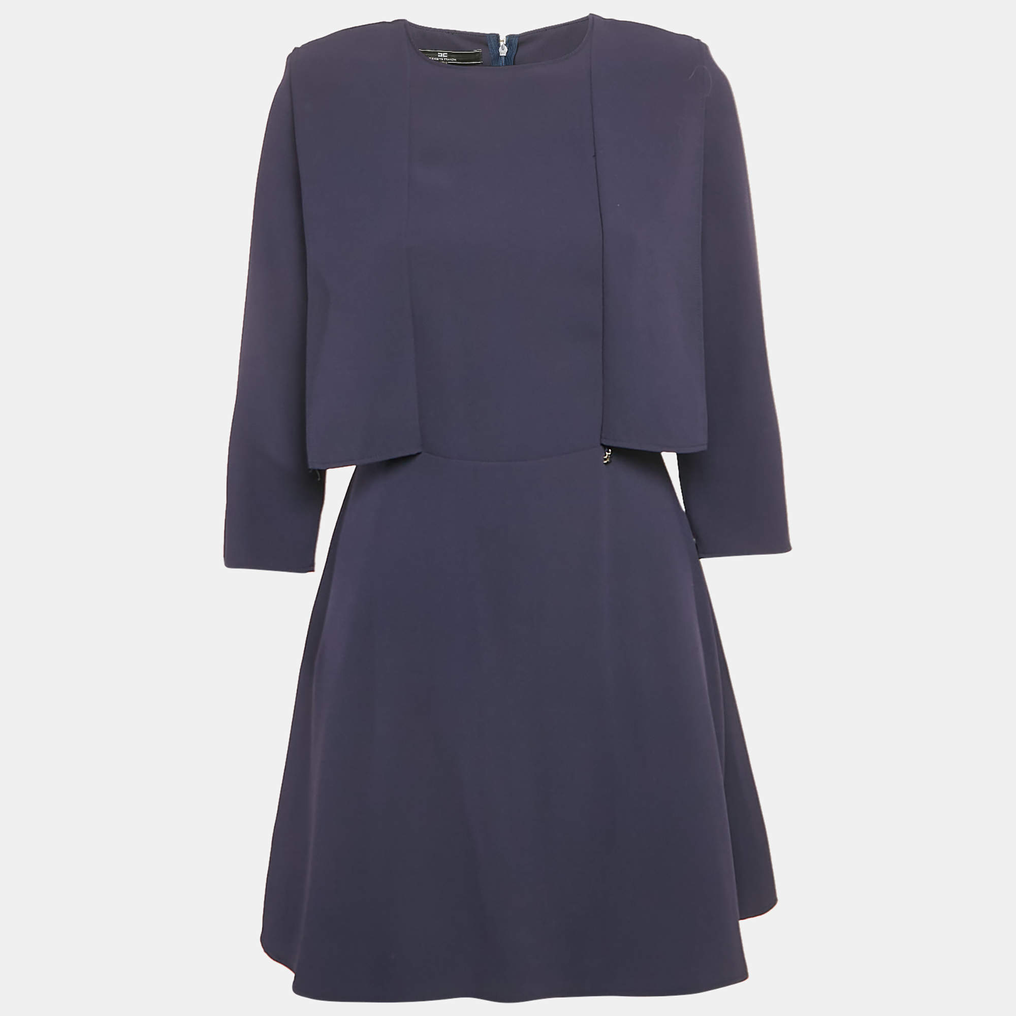 Pre Owned Elisabetta Franchi Navy Blue Crepe Round Neck Mini Dress M