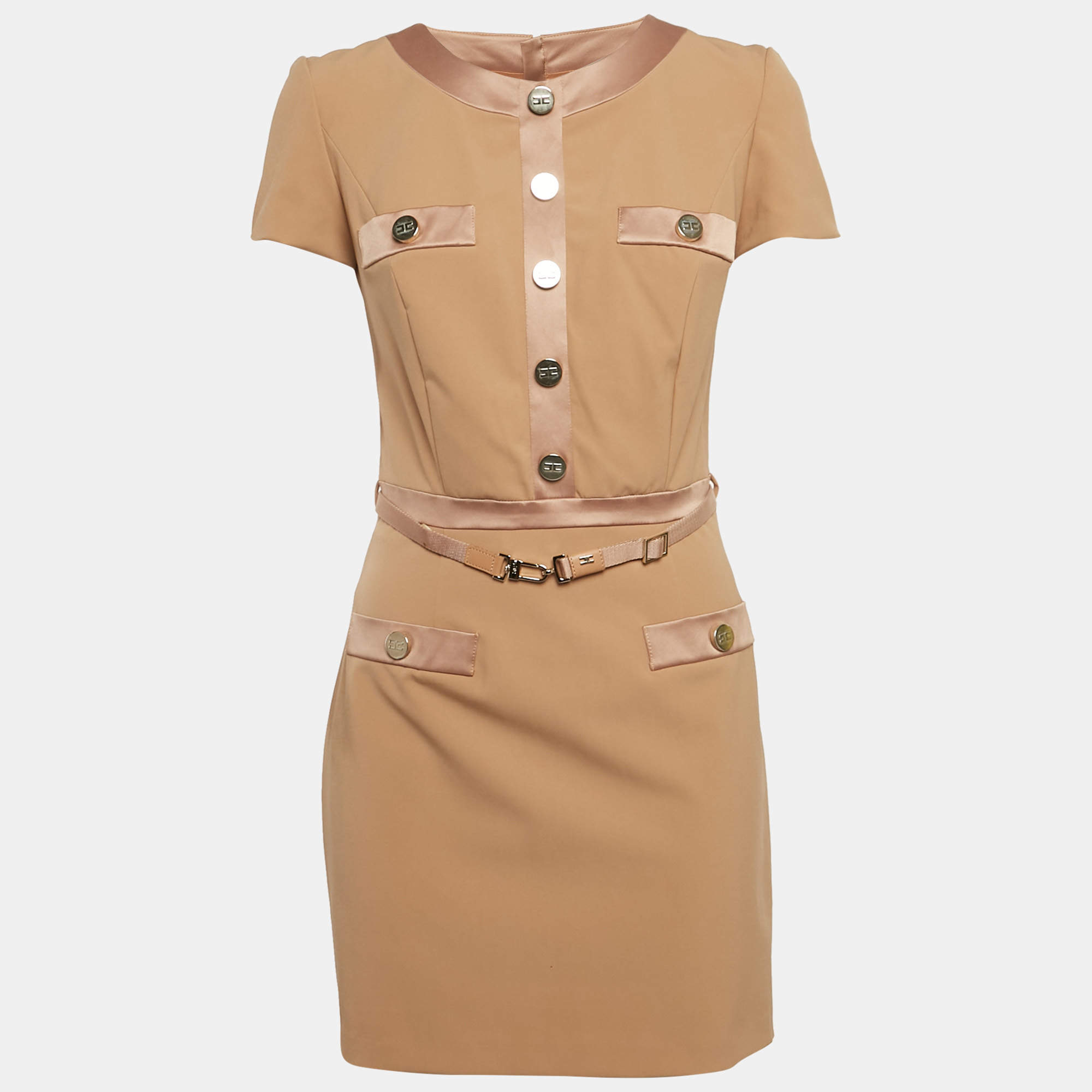 Pre Owned Elisabetta Franchi Caramel Brown Crepe Button Detail Mini Dress M