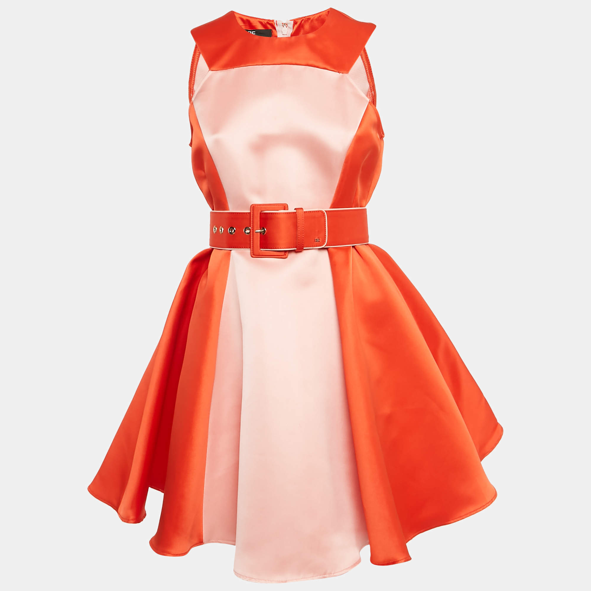Pre Owned Elisabetta Franchi Orange/Pink Satin Flared Mini Dress M