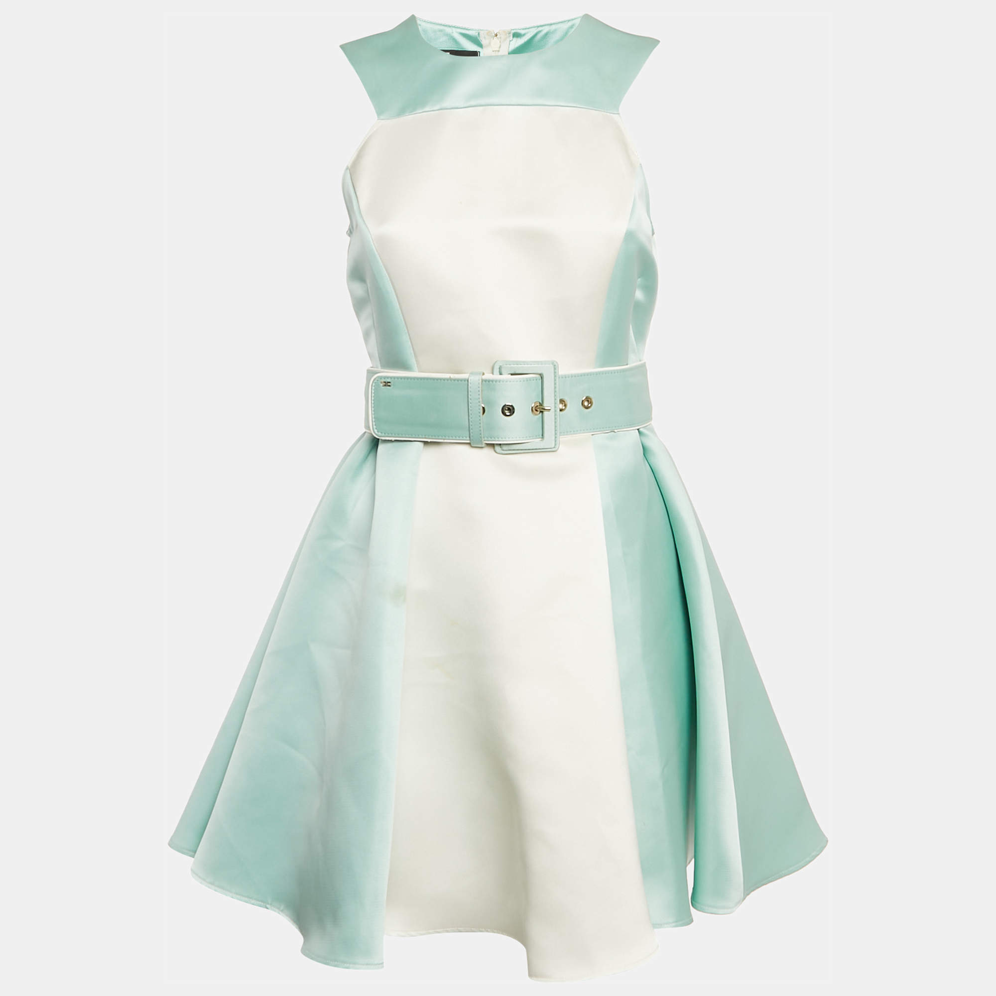 Pre Owned Elisabetta Franchi Blue/White Satin Flared Mini Dress M