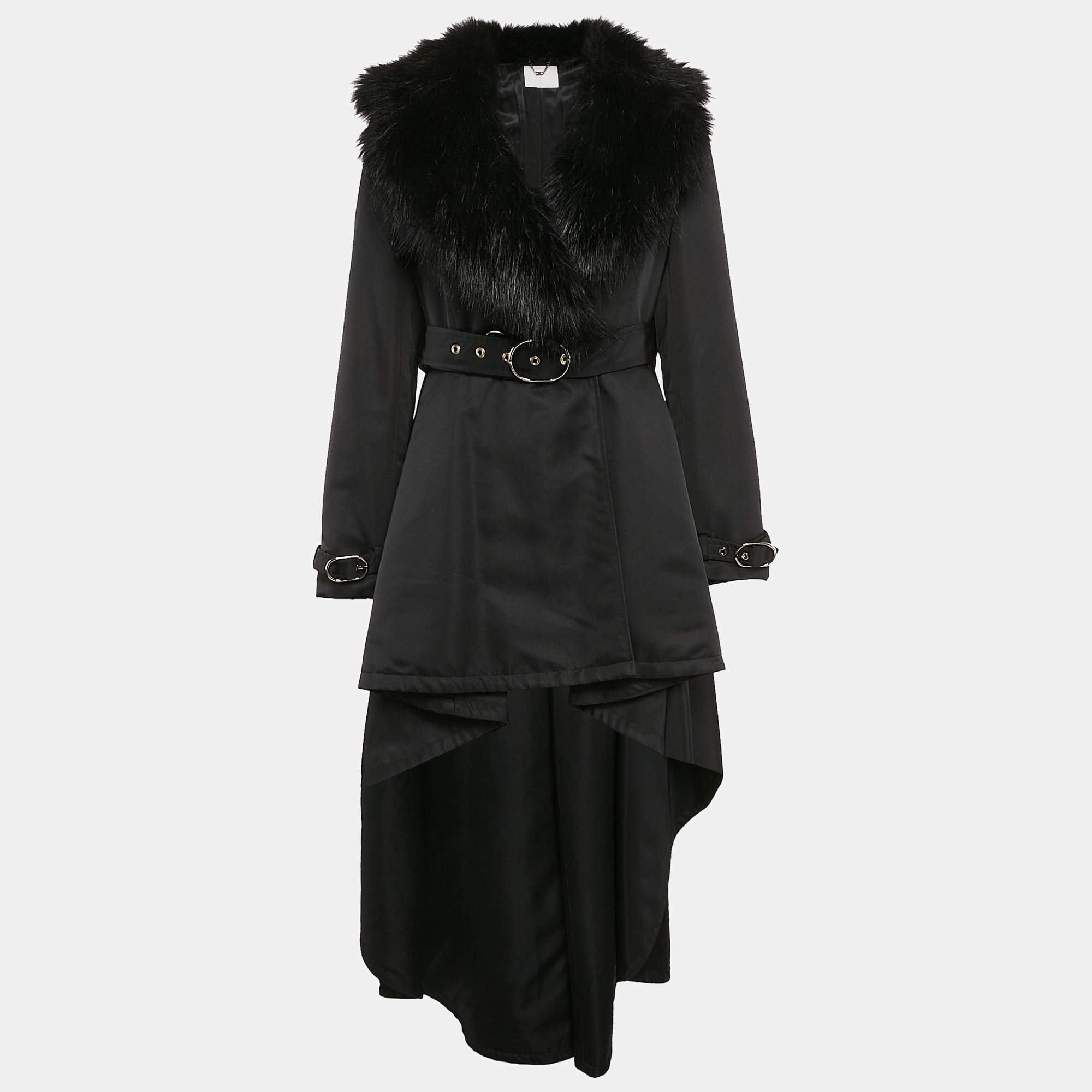 Pre Owned Elisabetta Franchi Black Synthetic Asymmetric Fur Collar Detail Coat M