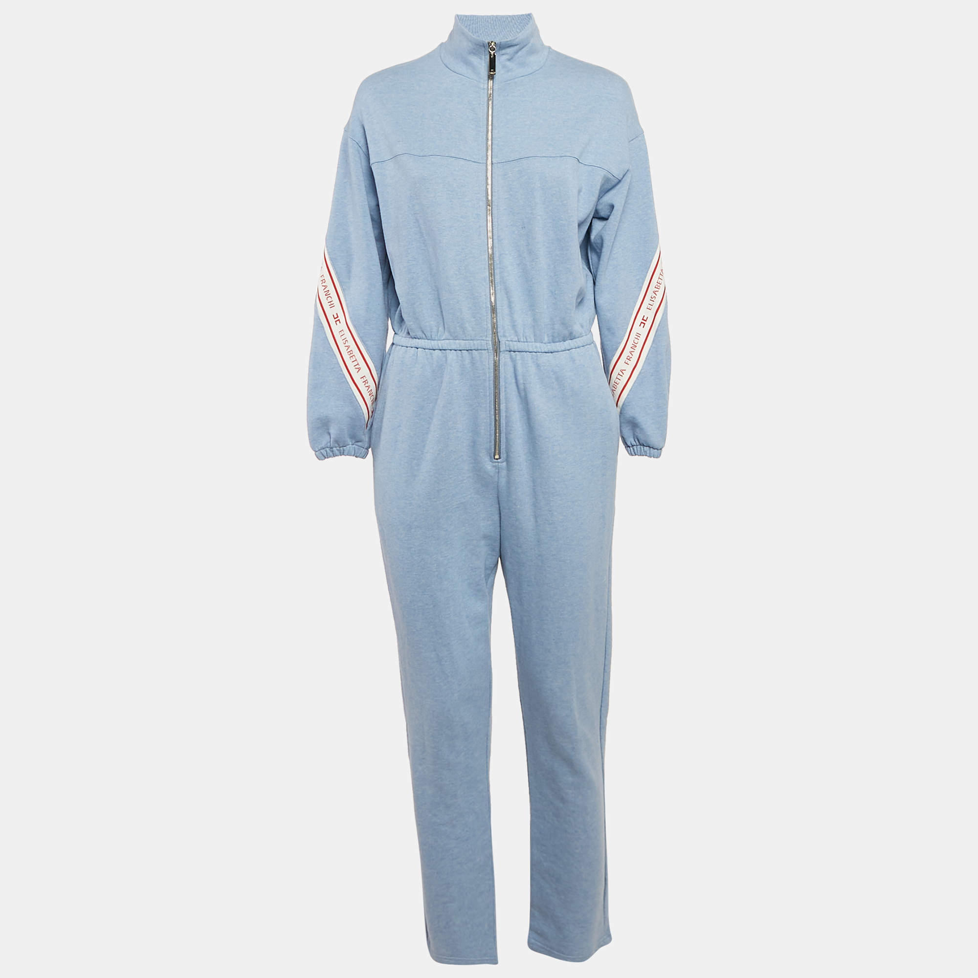 Elisabetta Franchi Blue Cotton Knit Logo Tape Trimmed Jumpsuit S