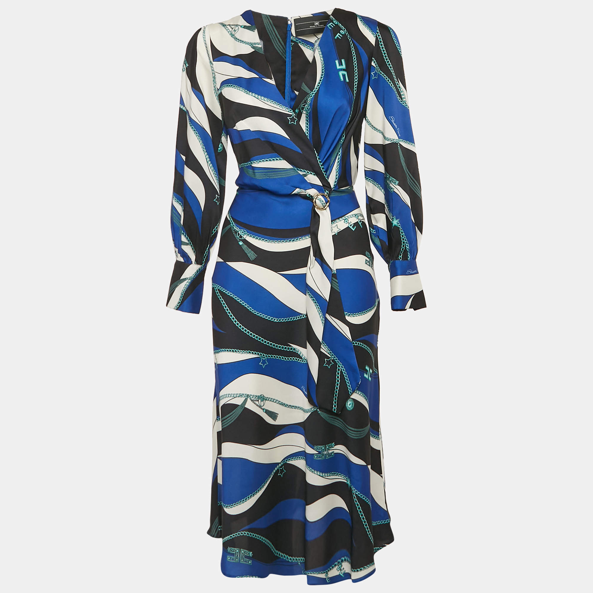 Pre Owned Elisabetta Franchi Blue/Multicolor Printed Satin V-Neck Midi Dress S