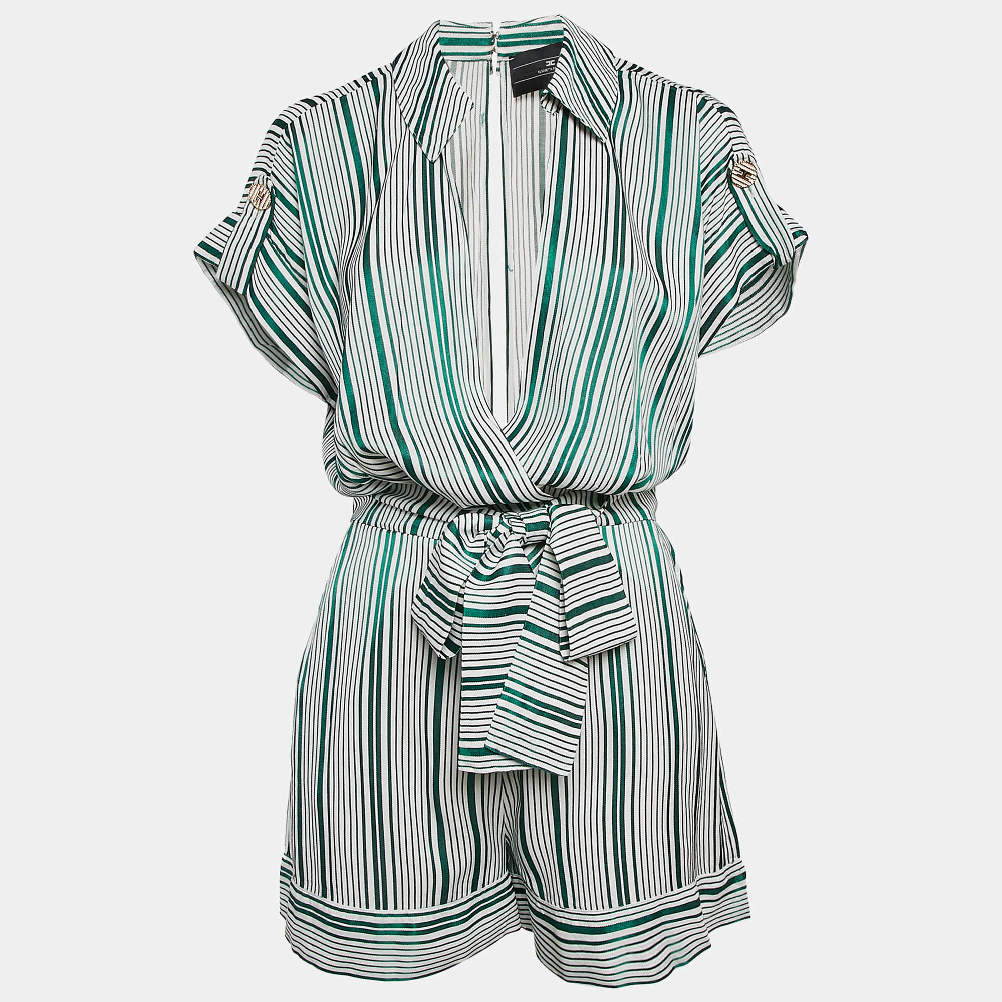Elisabetta Franchi Green Stripe Crepe Belted Playsuit S