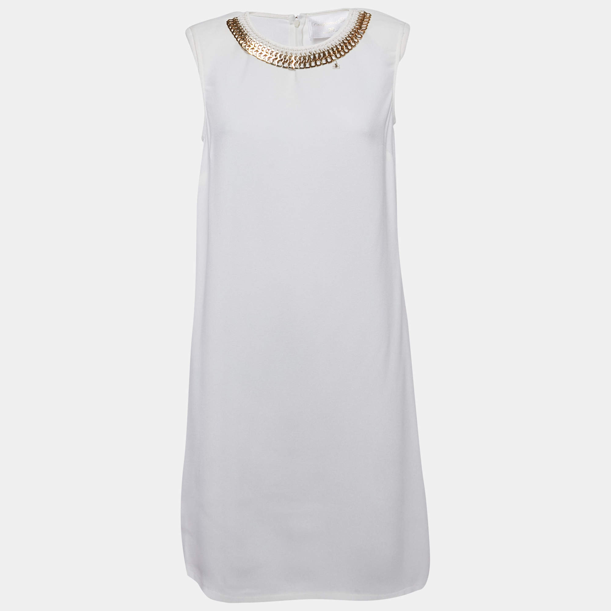 Pre Owned Elisabetta Franchi Off-White Crepe Neck Embellished Sleeveless Mini Dress M