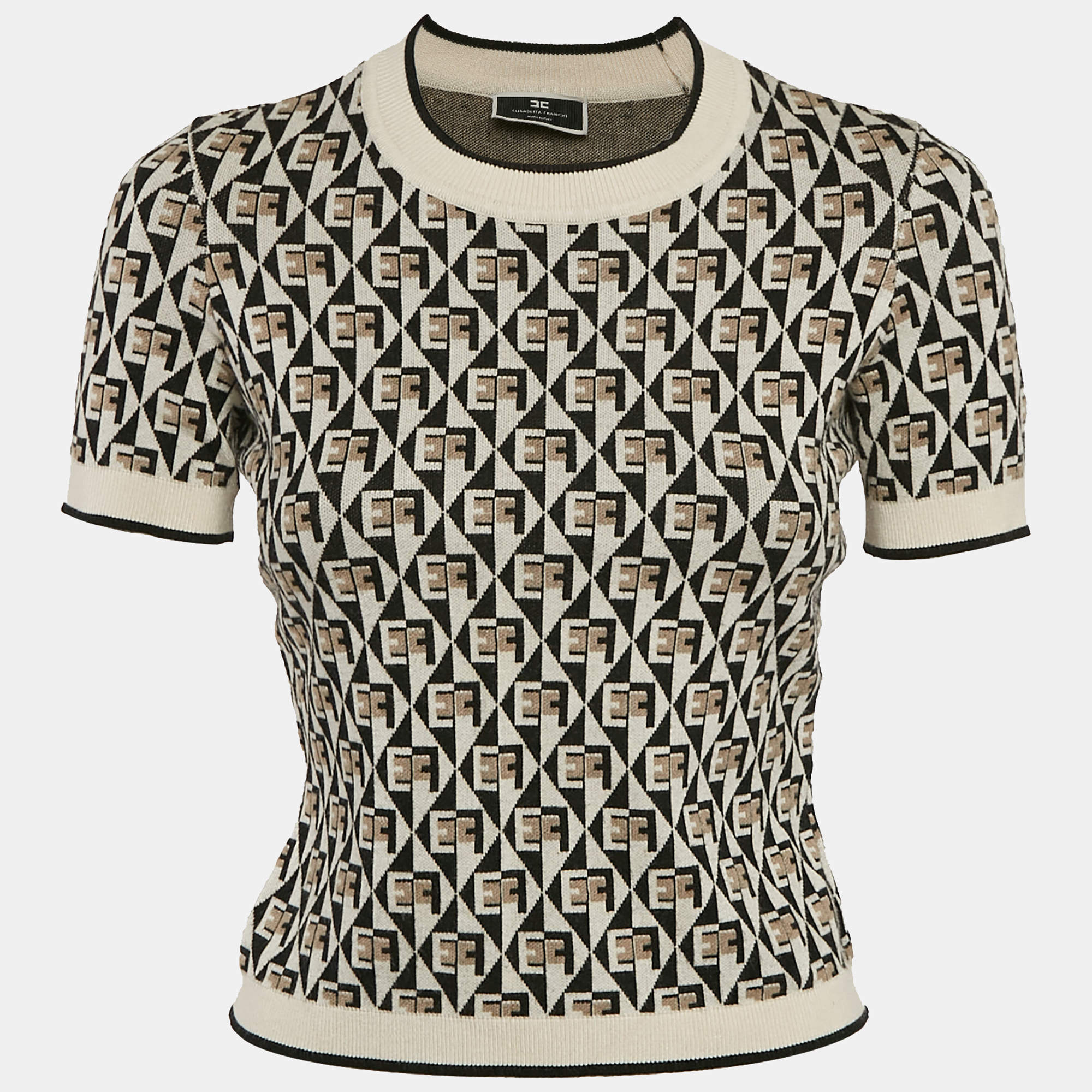 Elisabetta Franchi Brown Monogram Knit Crewneck Sweater M