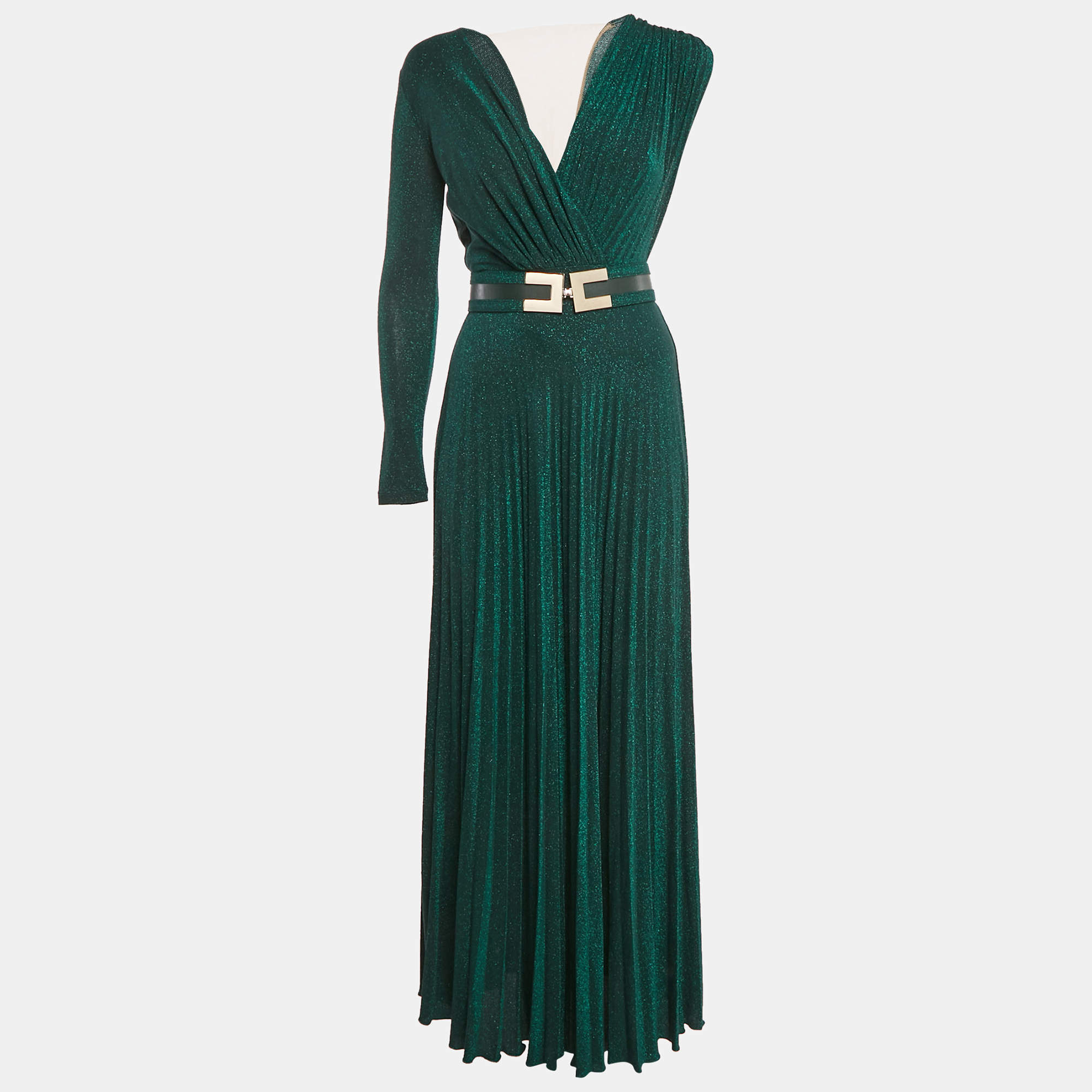 Pre Owned Elisabetta Franchi Green Lurex Knit Pleated Maxi Dress S