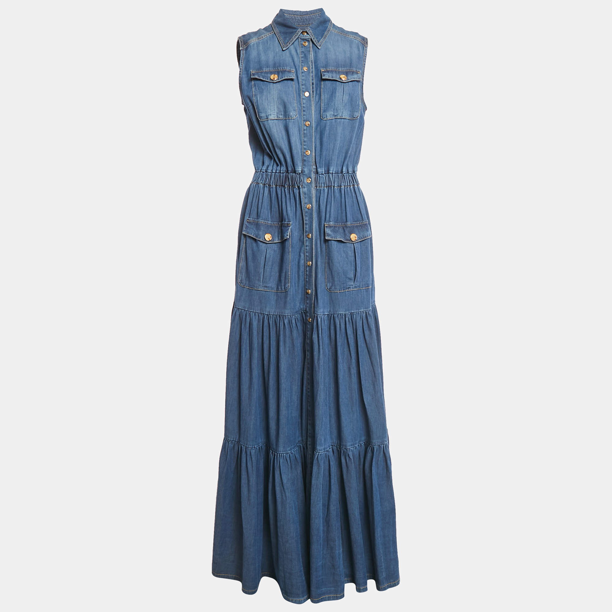 Pre Owned Elisabetta Franchi Blue Denim Button Front Sleeveless Maxi Dress L