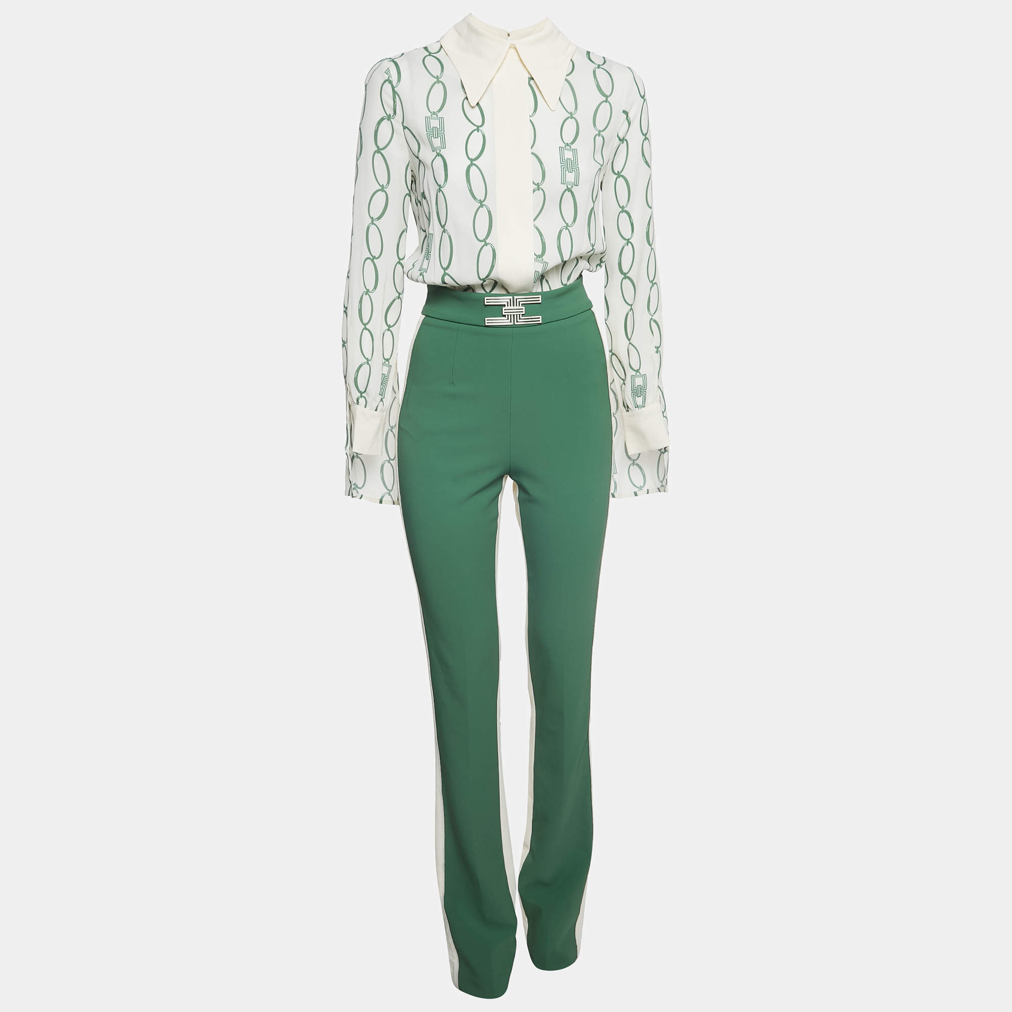 Elisabetta Franchi Green/Cream Printed Crepe Jumpsuit S