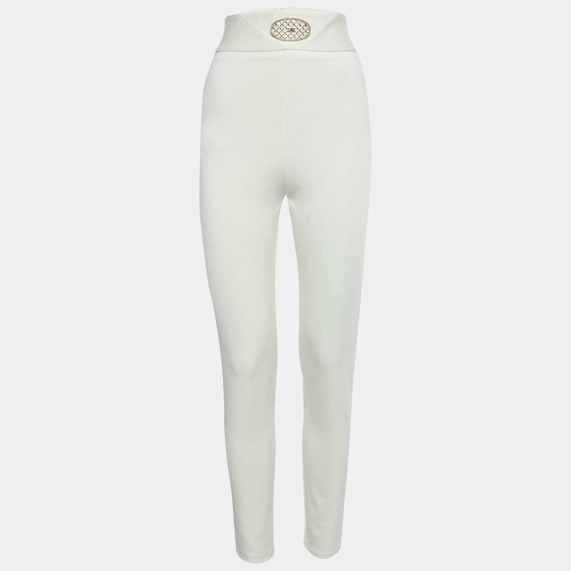 Pre Owned Elisabetta Franchi White Jersey Embellished Waist Leggings L