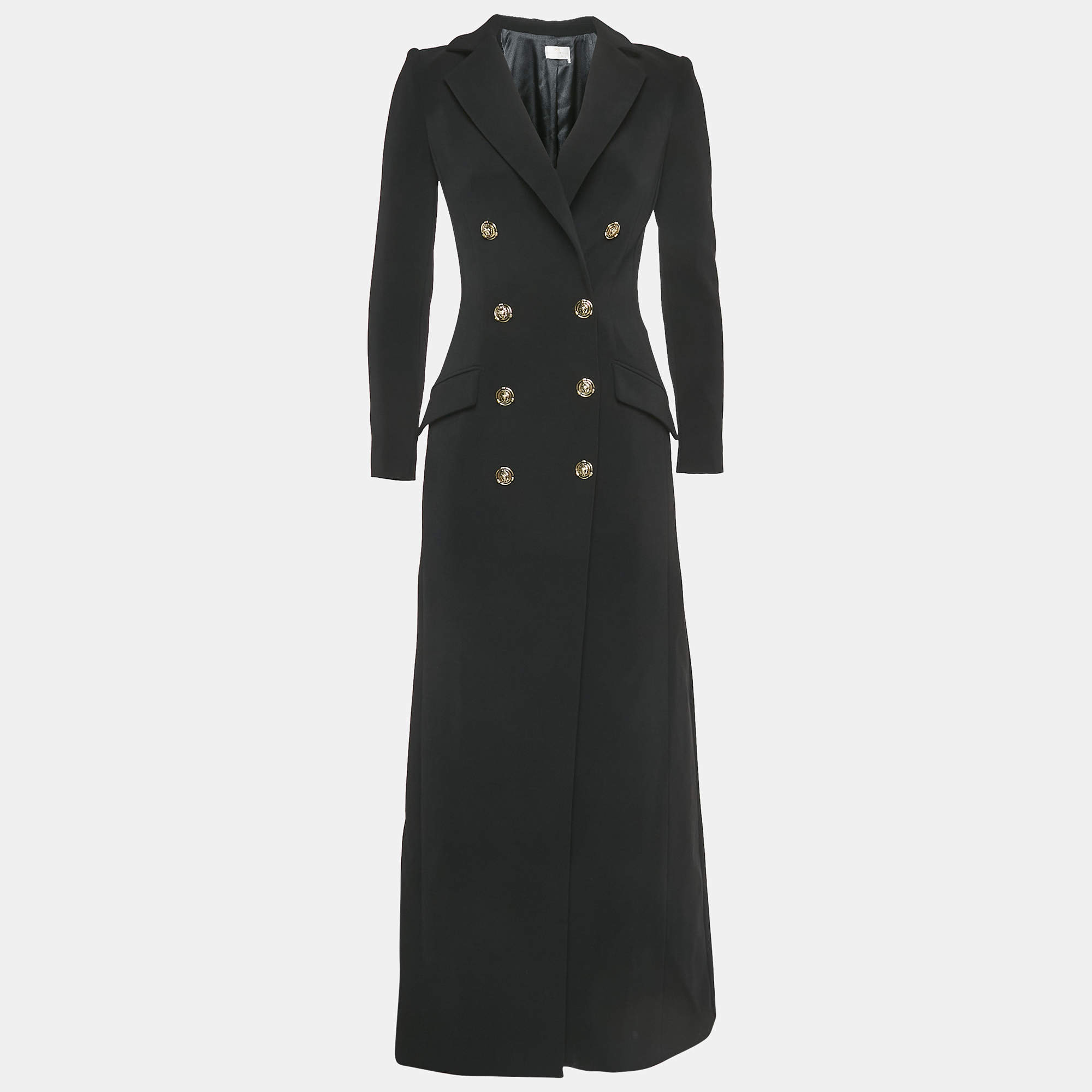 Elisabetta Franchi Black Crepe Double Breasted Long Coat S