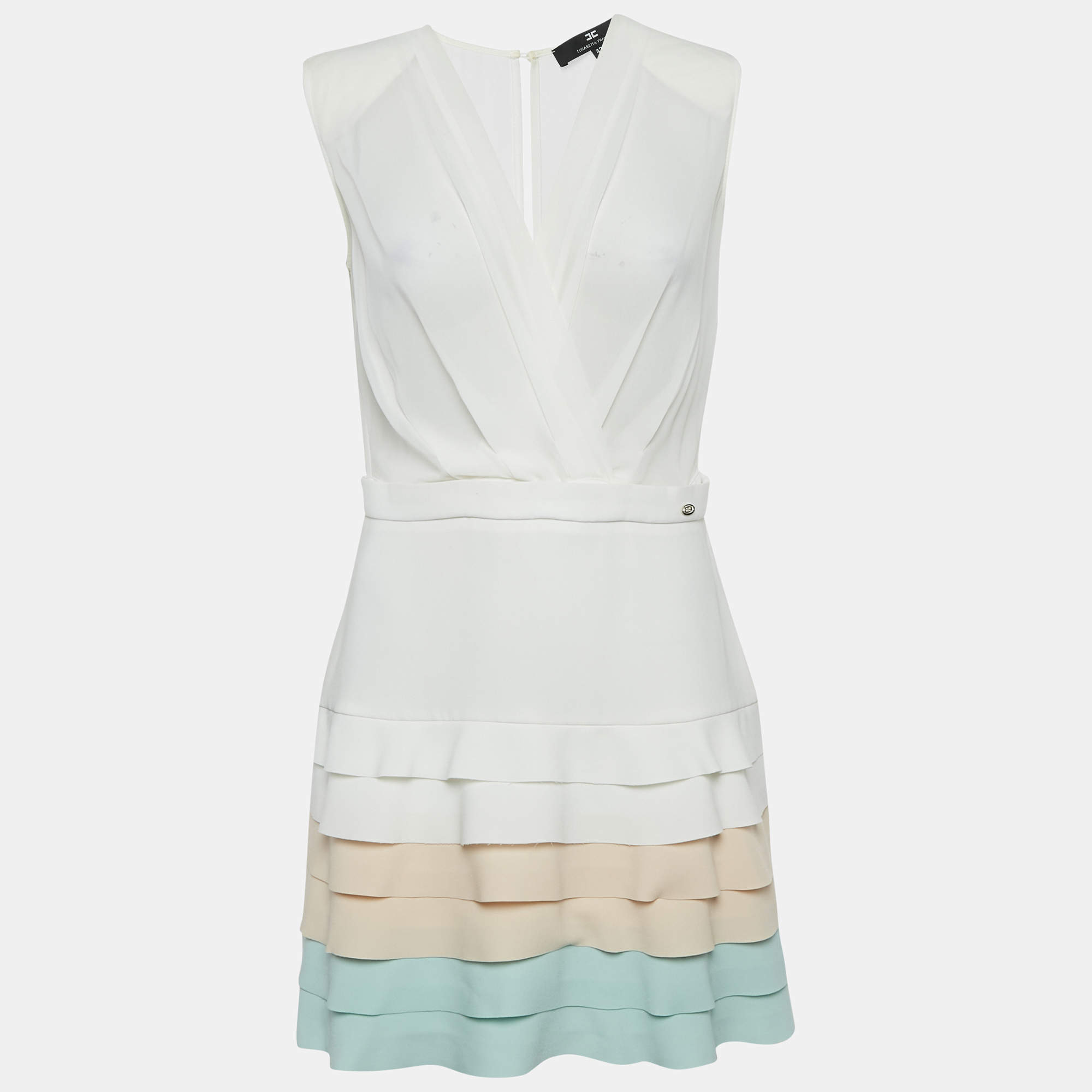 Pre Owned Elisabetta Franchi White Crepe Layered Mini Dress M
