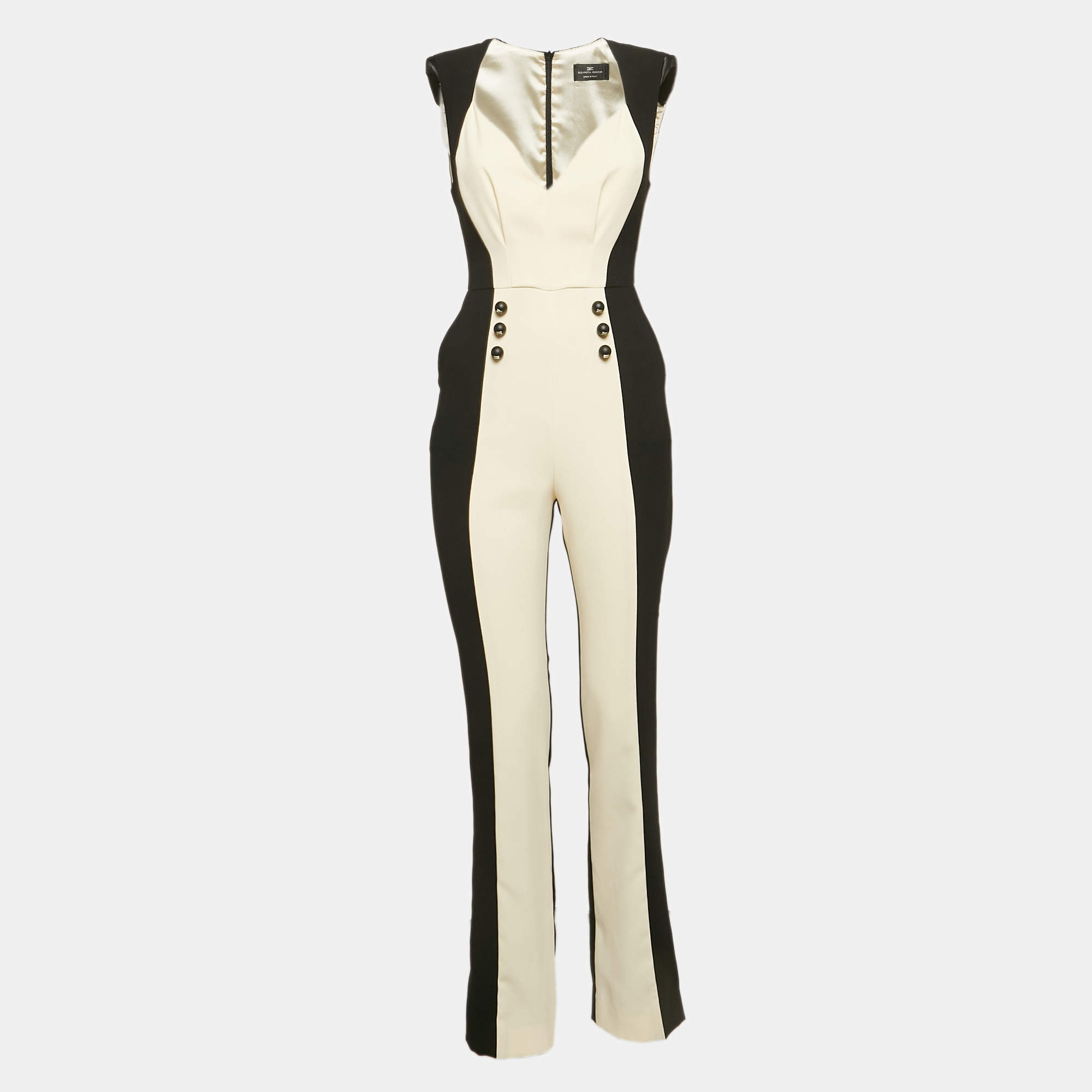 Elisabetta Franchi Black/Cream Crepe Button Embellished Jumpsuit S