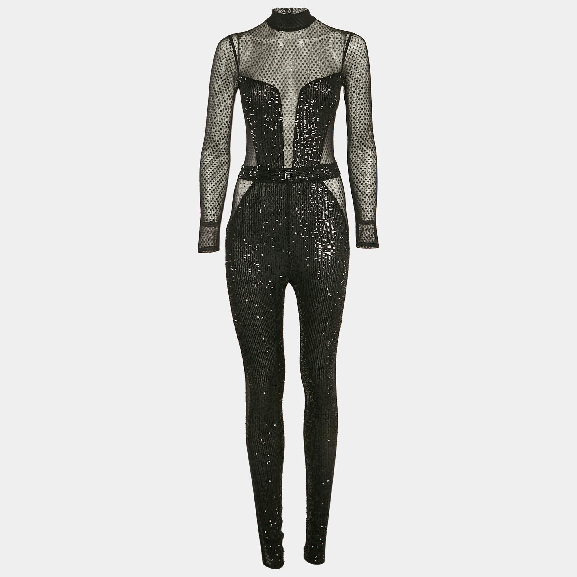 Elisabetta Franchi Black Mesh and Sequin Sheer Jumpsuit S