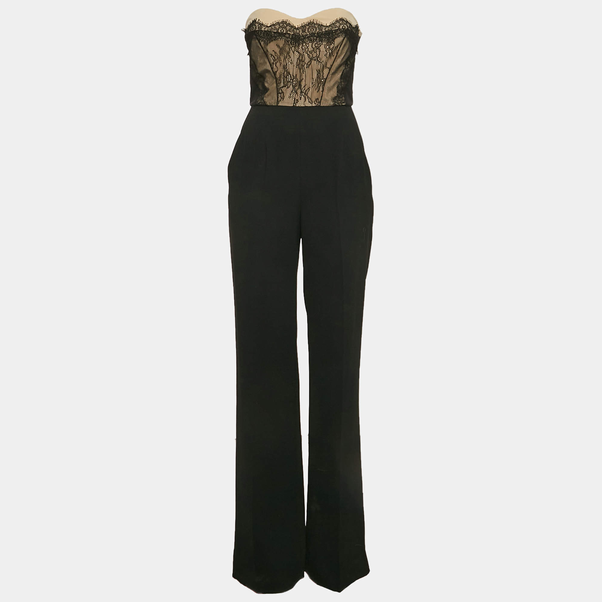 Elisabetta Franchi Black Crepe Lace Overlay Detail Strapless Jumpsuit M