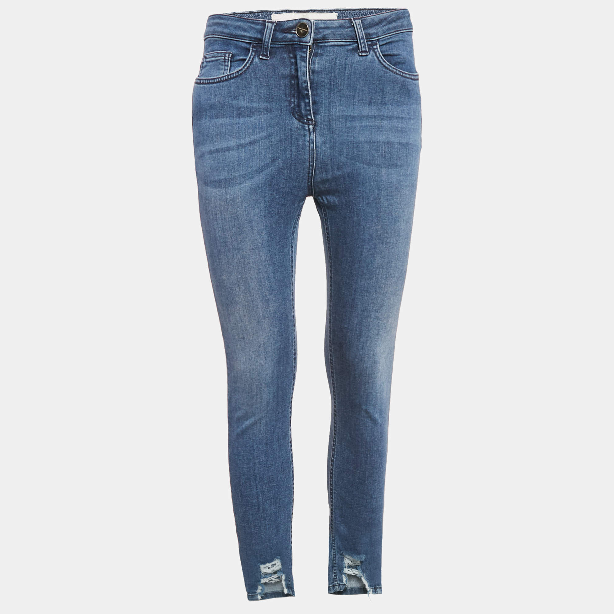 Elisabetta Franchi Blue Ripped Hem Denim Skinny Jeans S Waist 27"