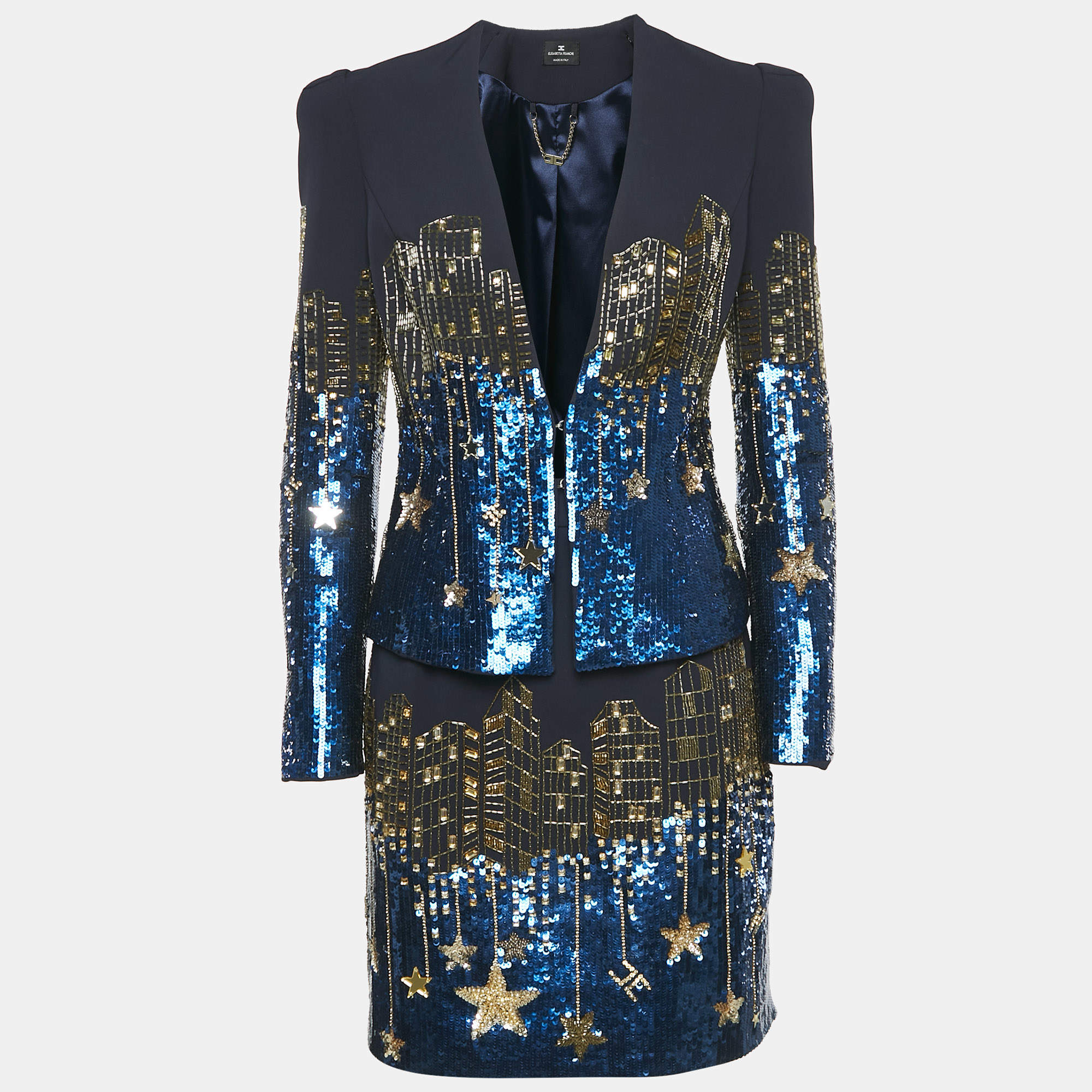 Pre Owned Elisabetta Franchi Navy Blue Embellished Blazer & Mini Skirt Set M