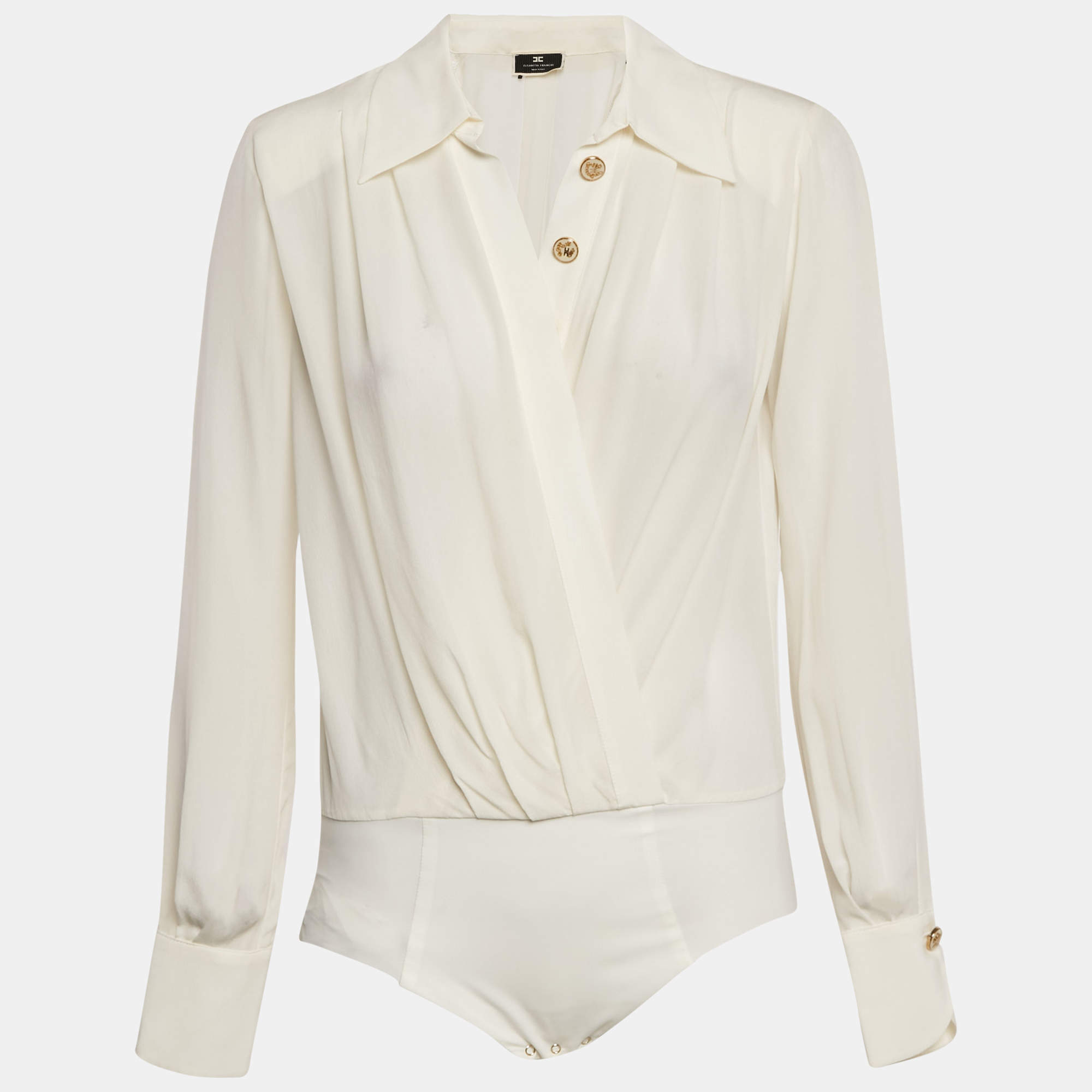 Pre Owned Elisabetta Franchi Cream Silk Full Sleeve Bodysuit S