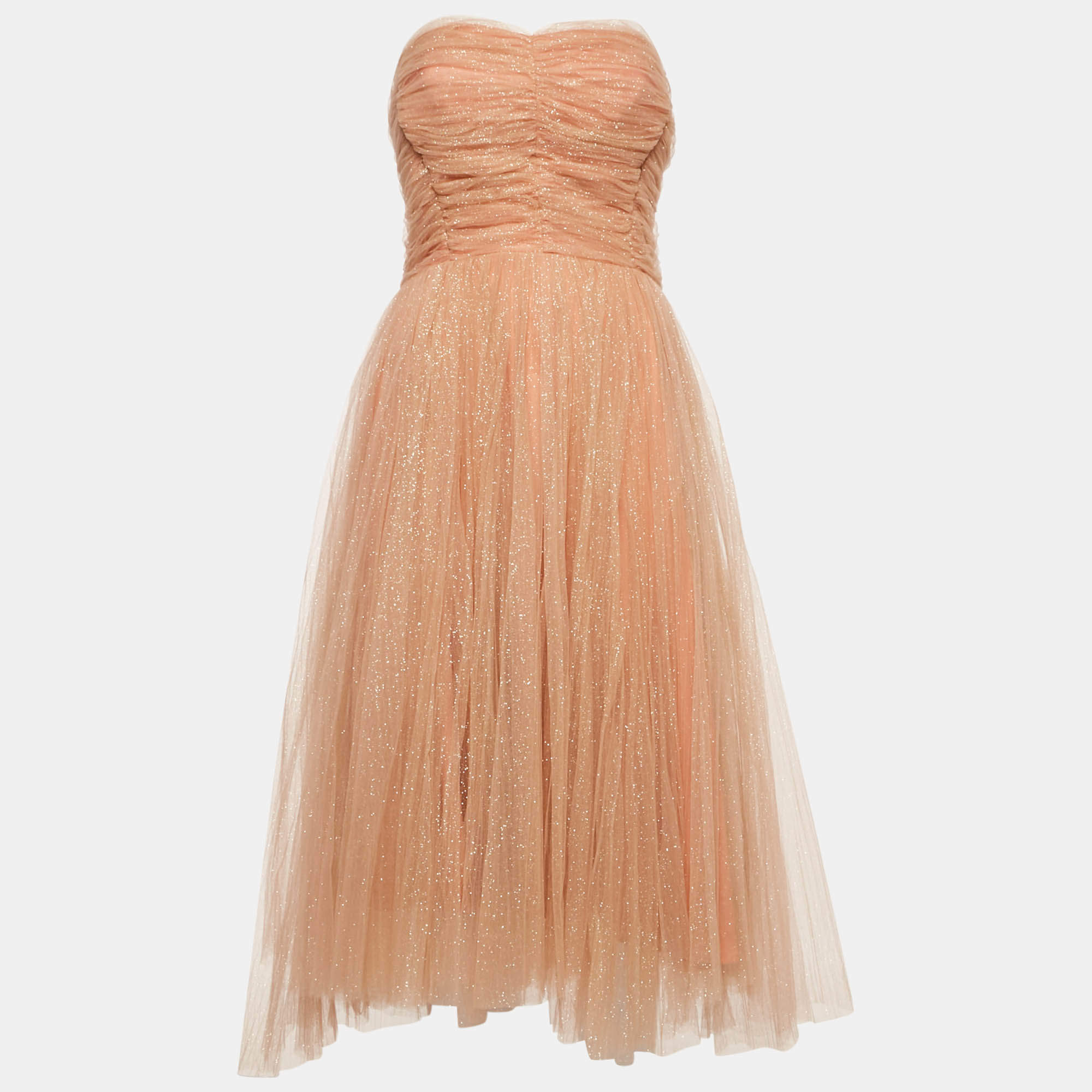 Elisabetta Franchi Beige/Pink Tulle Strapless Midi Dress S