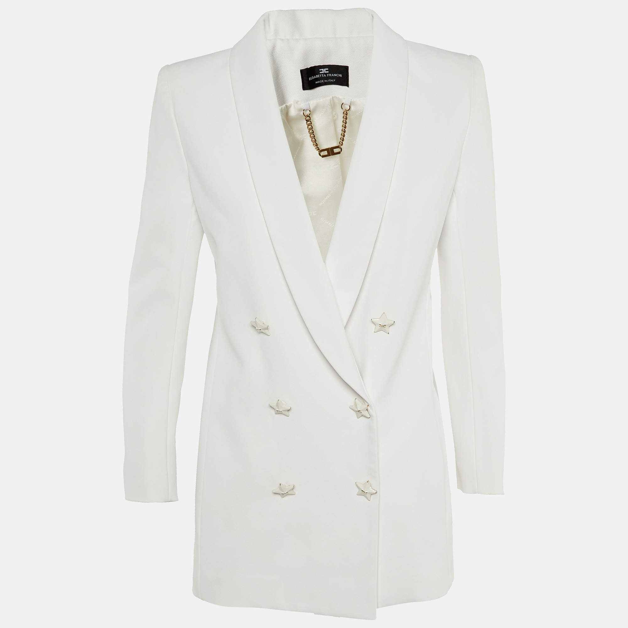 Pre Owned Elisabetta Franchi White Crepe Star Button Detail Double Breasted Blazer M