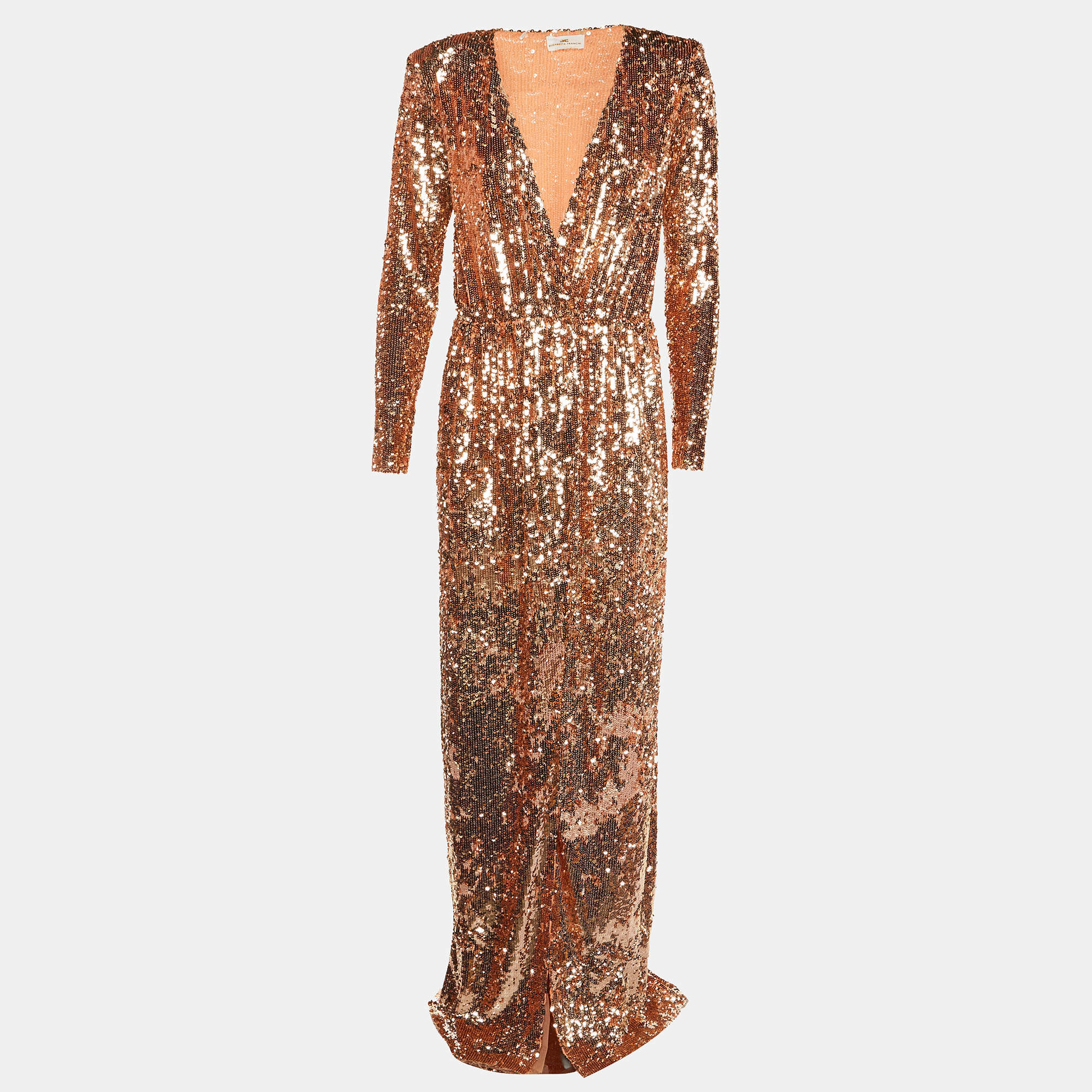 Elisabetta Franchi Rose Gold Sequin Embellished Wrap Maxi Dress M