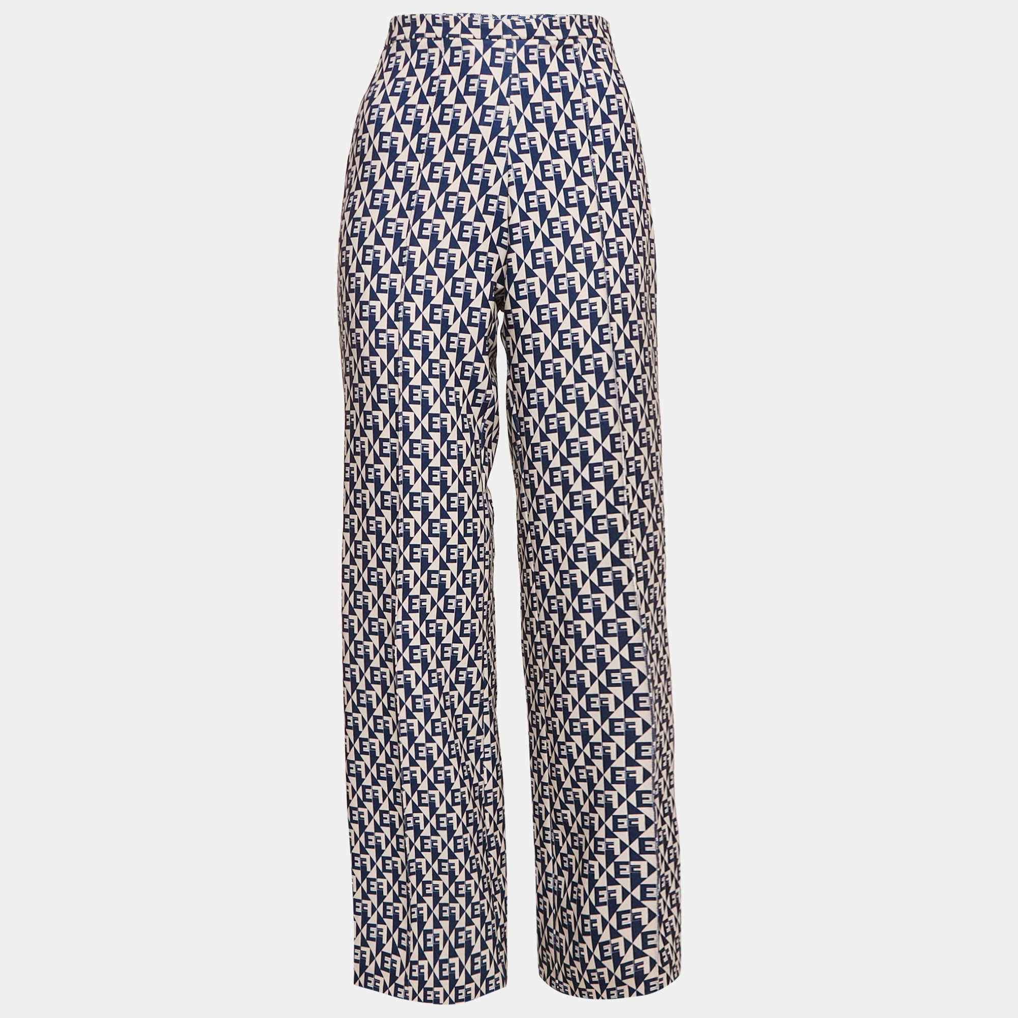 Pre Owned Elisabetta Franchi Navy Blue Monogram Crepe Straight Leg Pants M