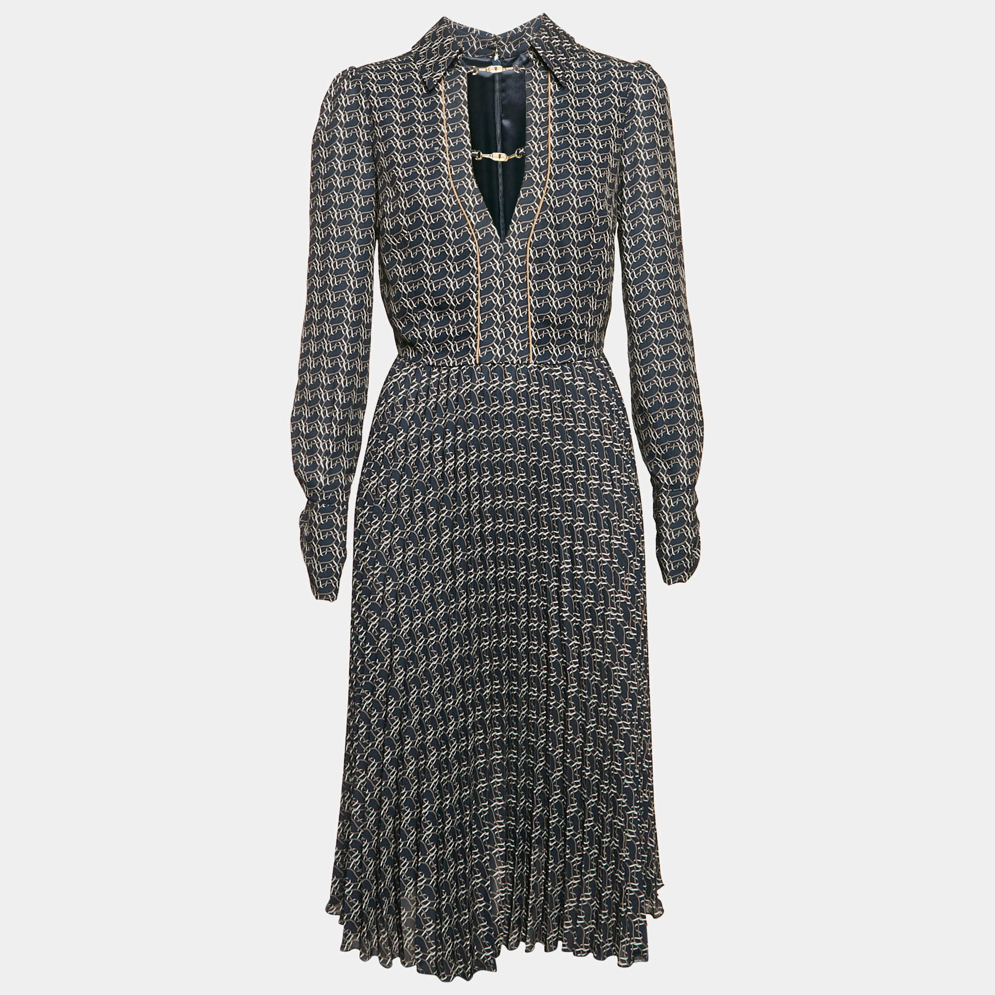 Elisabetta Franchi Navy Blue Printed Crepe Plisse Midi Dress M
