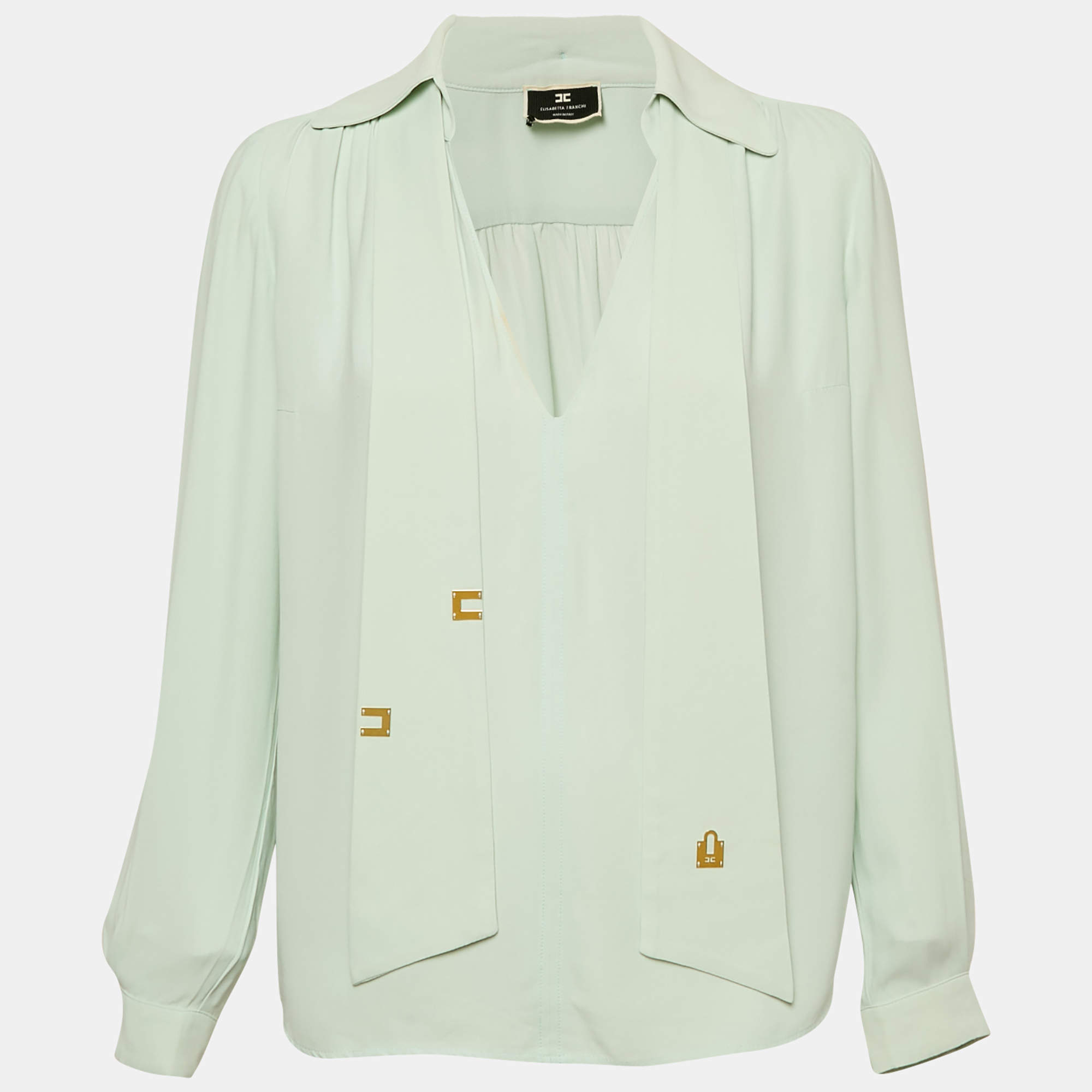 Pre Owned Elisabetta Franchi Blue Crepe Neck-Tie Detail Top M