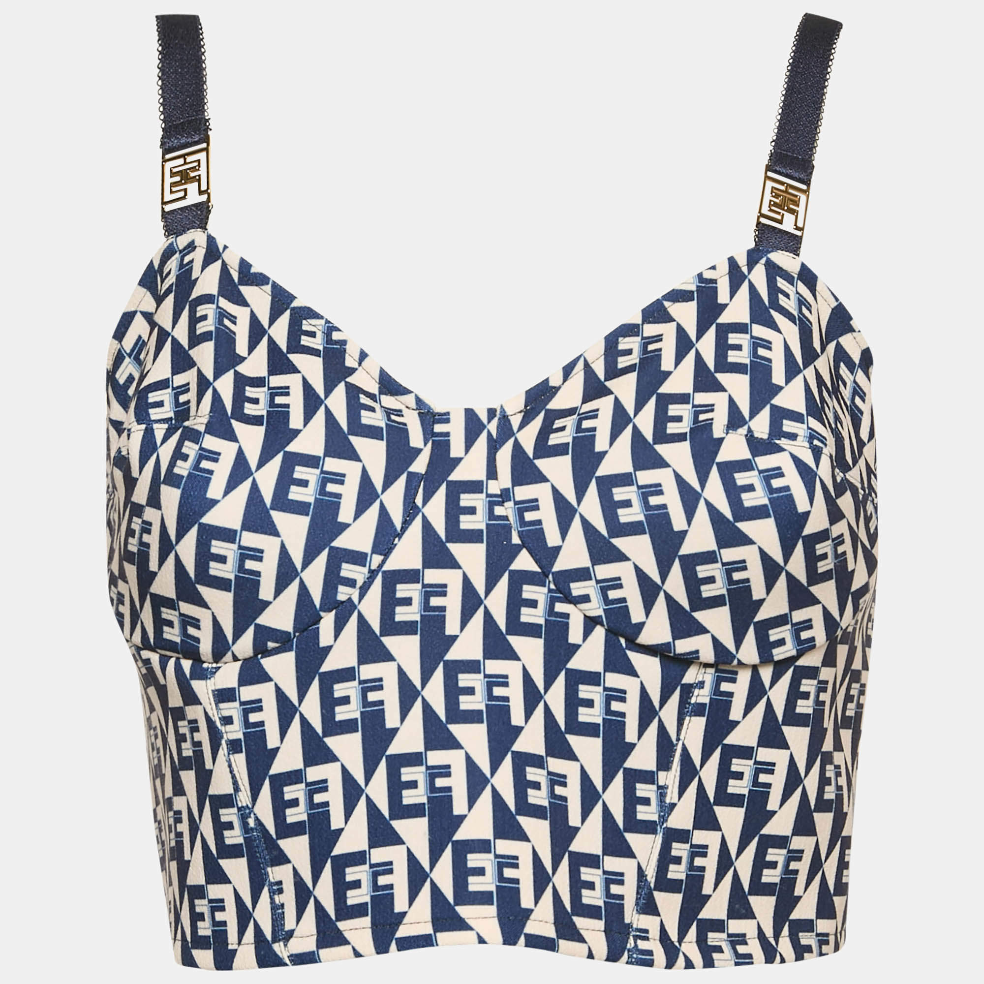 Pre Owned Elisabetta Franchi Navy Blue Logo Print Crepe Crop Top M