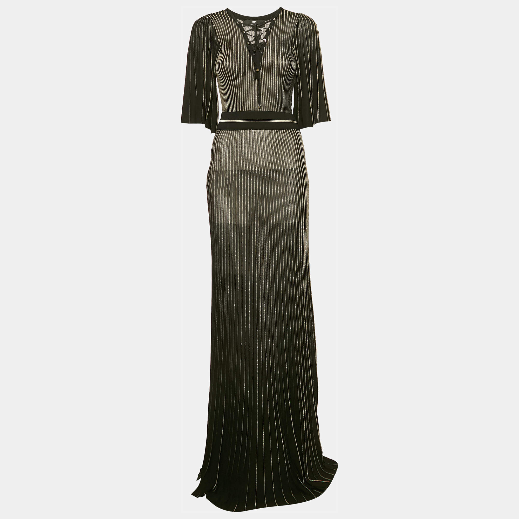 Pre Owned Elisabetta Franchi Black Lurex Knit Lace-Up Detail Maxi Dress M