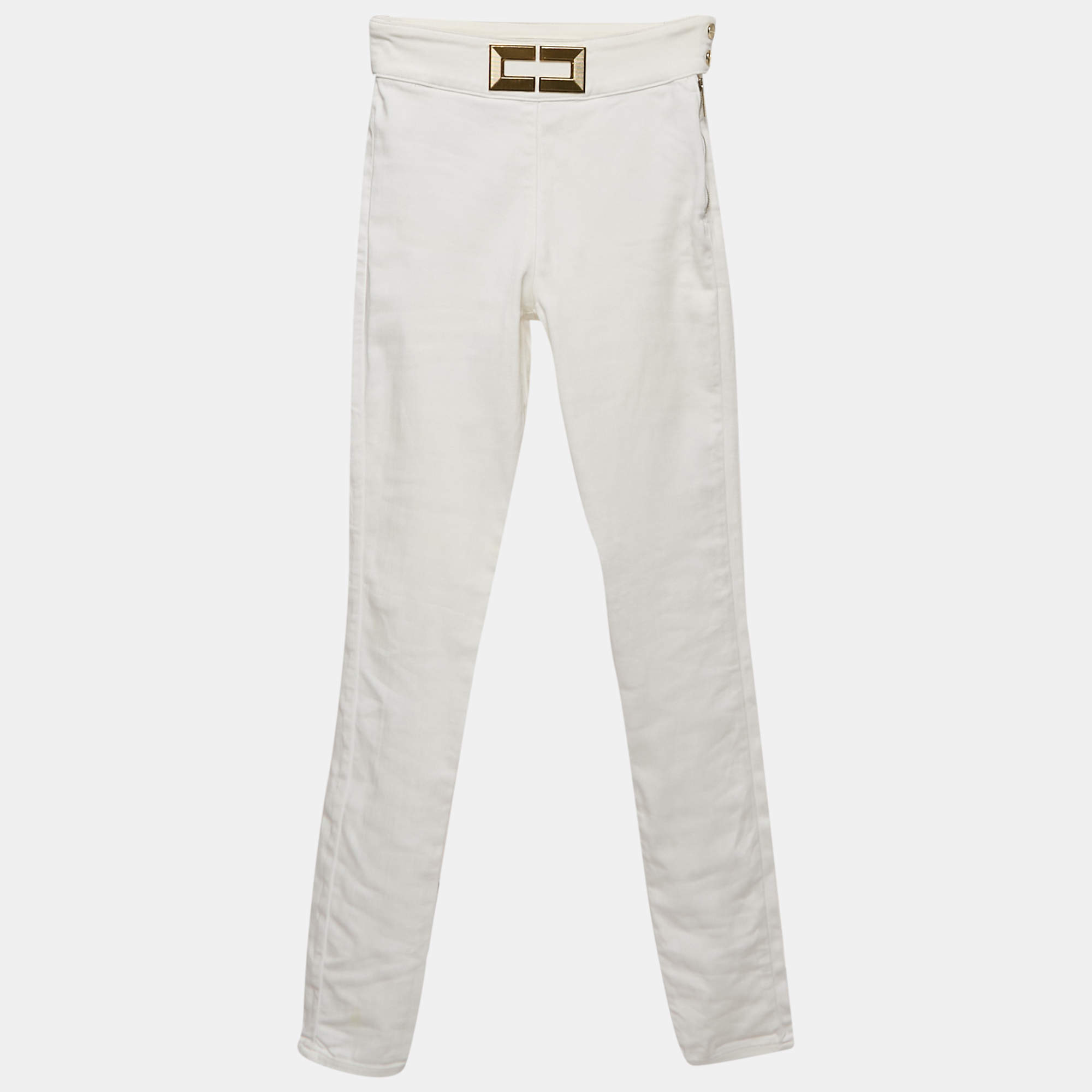 Elisabetta Franchi White Denim Metal Logo Detail High Waist Jeans S Waist 25"