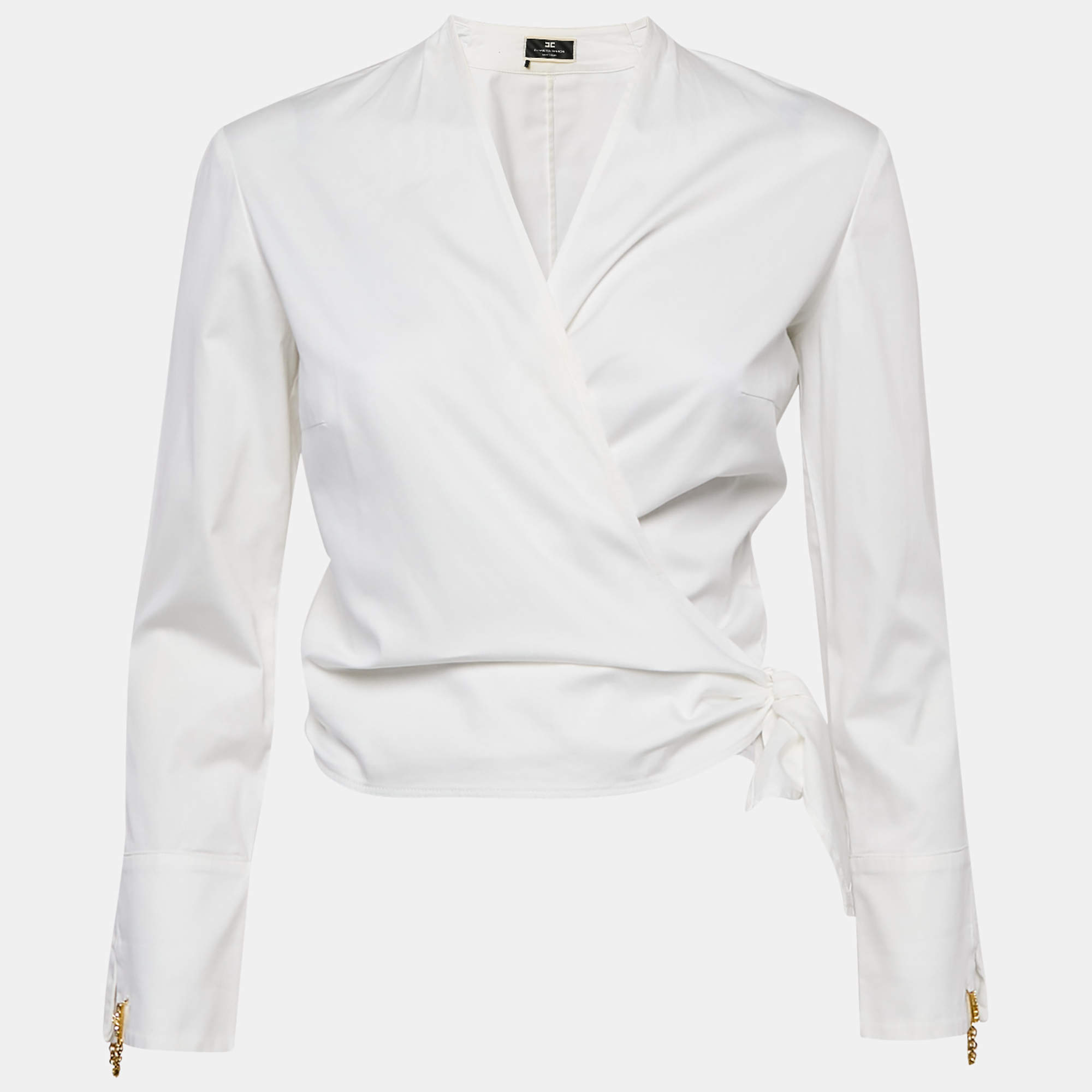 Pre Owned Elisabetta Franchi White Synthetic Wrap Shirt Blouse M
