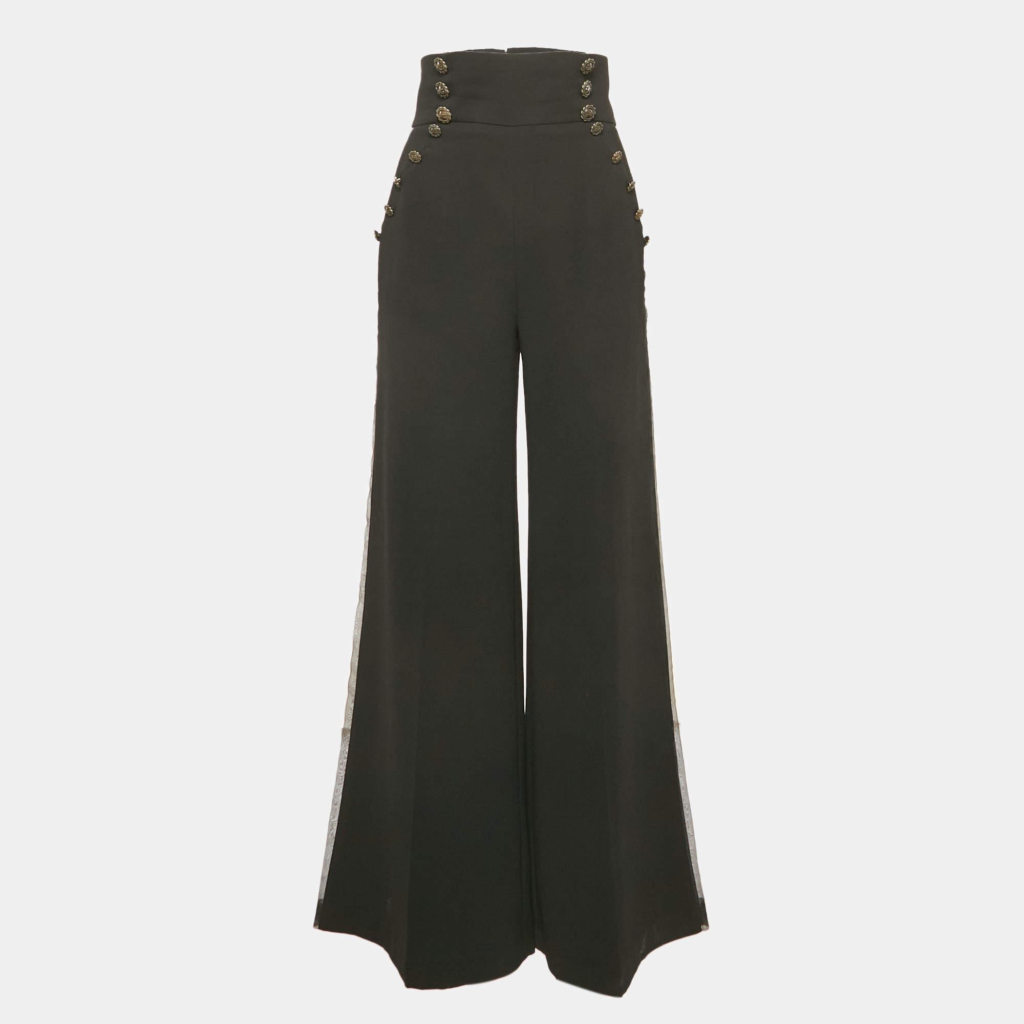 Pre Owned Elisabetta Franchi Black Organza Trim Crepe Flared High Rise Pants M