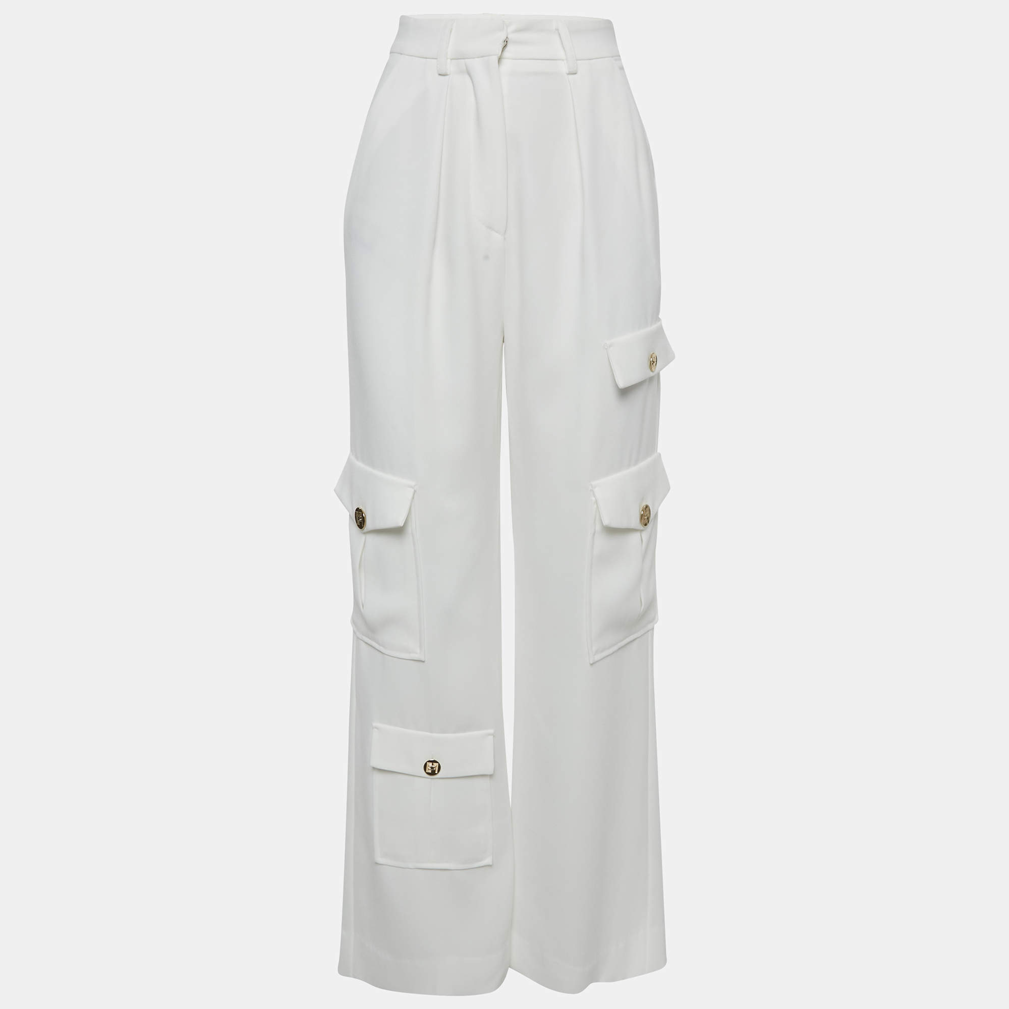 Pre Owned Elisabetta Franchi White Crepe Cargo Pants S