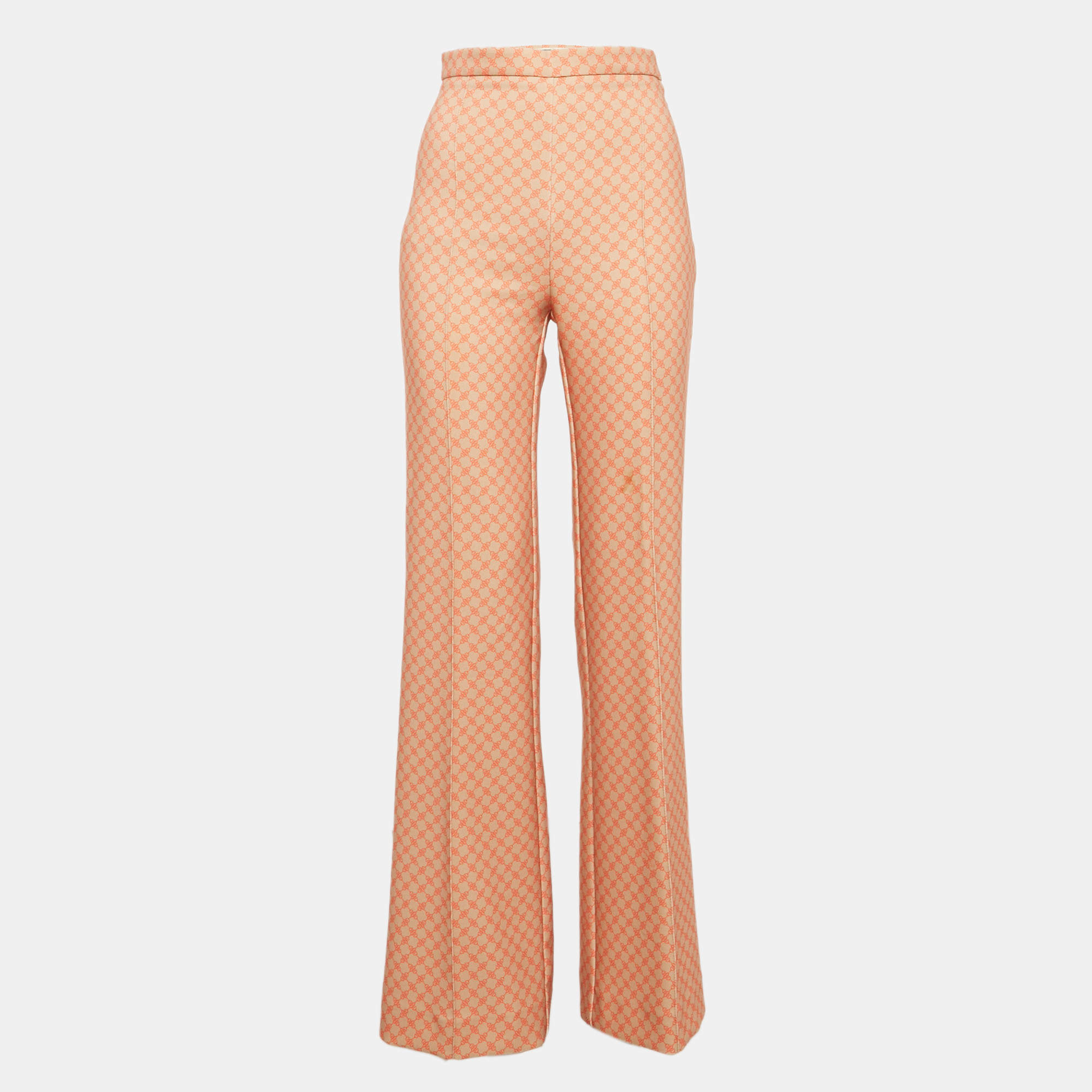 Pre Owned Elisabetta Franchi Orange Printed Crepe High Rise Trousers S