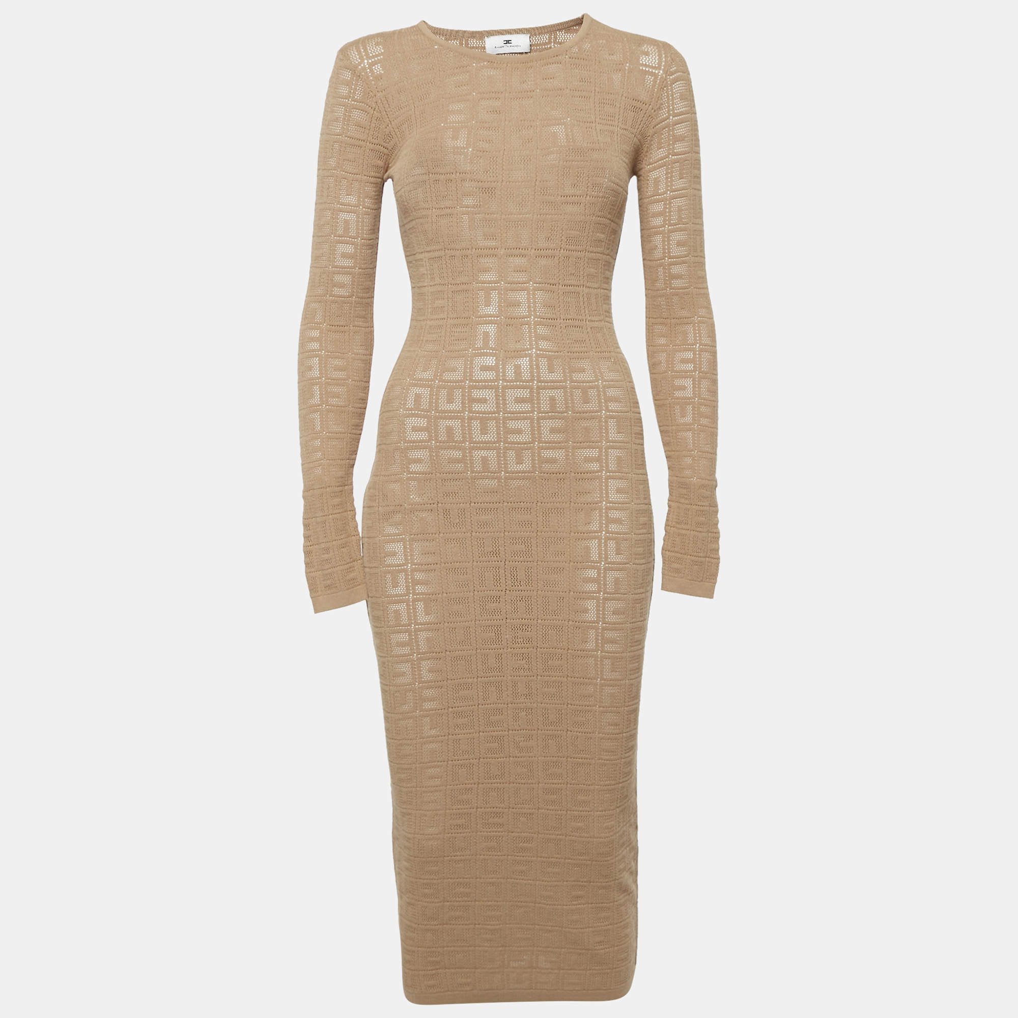 Pre Owned Elisabetta Franchi Brown Monogram Stretch Knit Bodycon Dress S