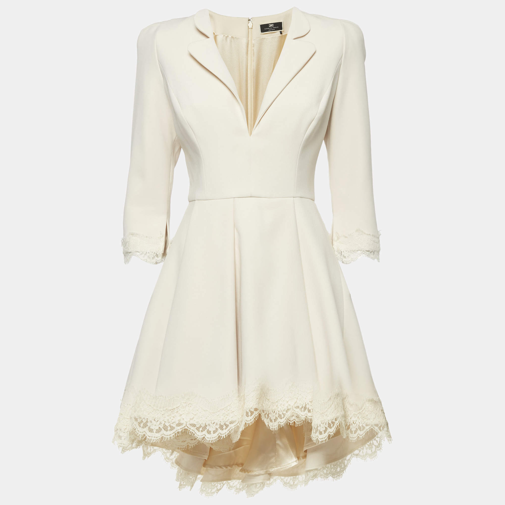 Pre Owned Elisabetta Franchi Beige  Crepe Lace Trim Flared Mini Dress M