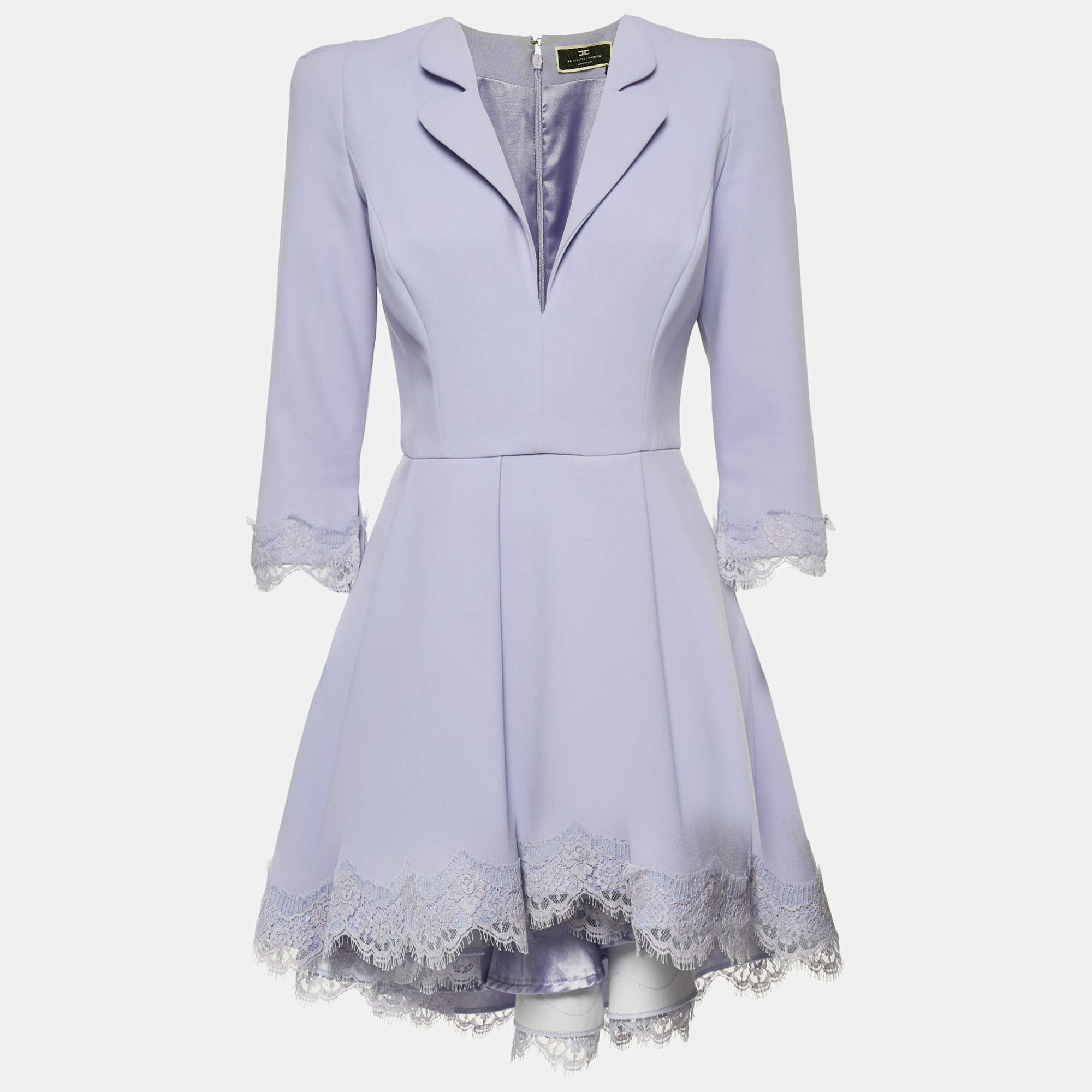 Pre Owned Elisabetta Franchi Lavender Crepe Lace Trim Flared Mini Dress M