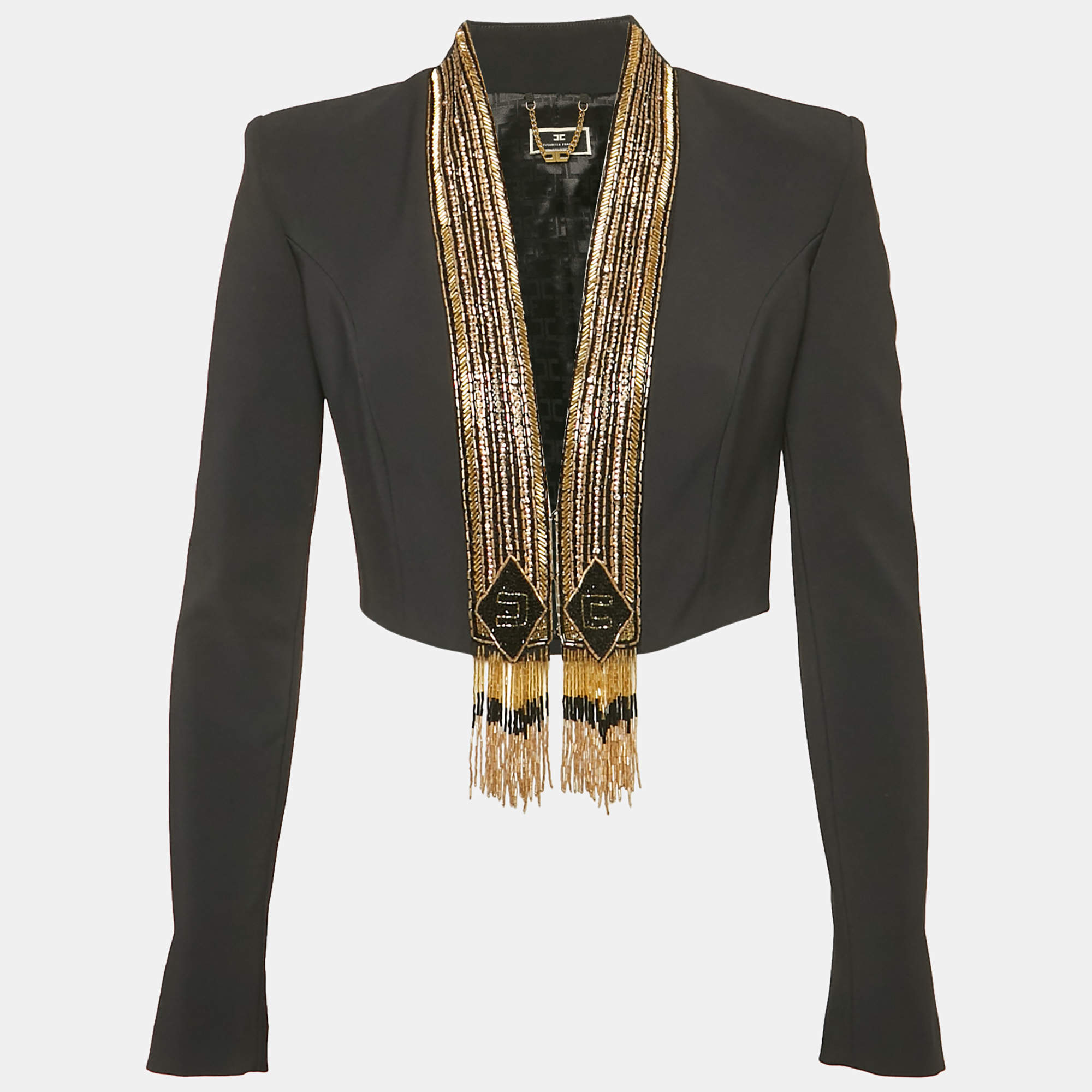 Pre Owned Elisabetta Franchi Black Embellished Crepe Cropped Blazer M