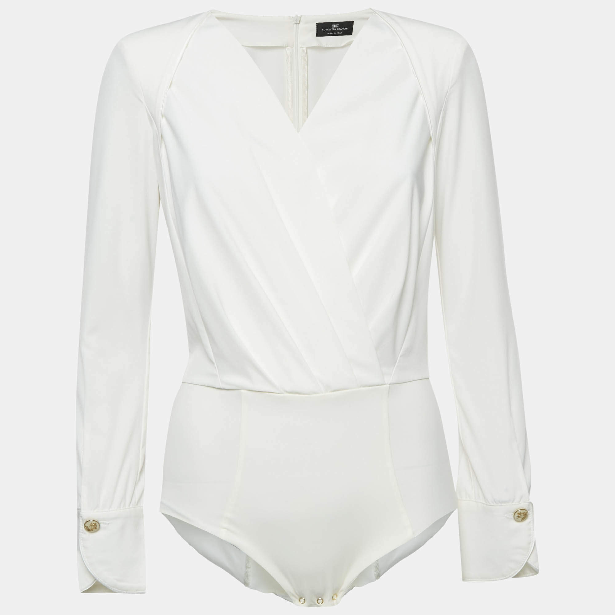Pre Owned Elisabetta Franchi White Jersey Plunging Neck Bodysuit M
